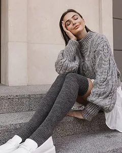 Сірі зимові панчохи вище коліна з вовни мериноса для дівчини - Фото 1