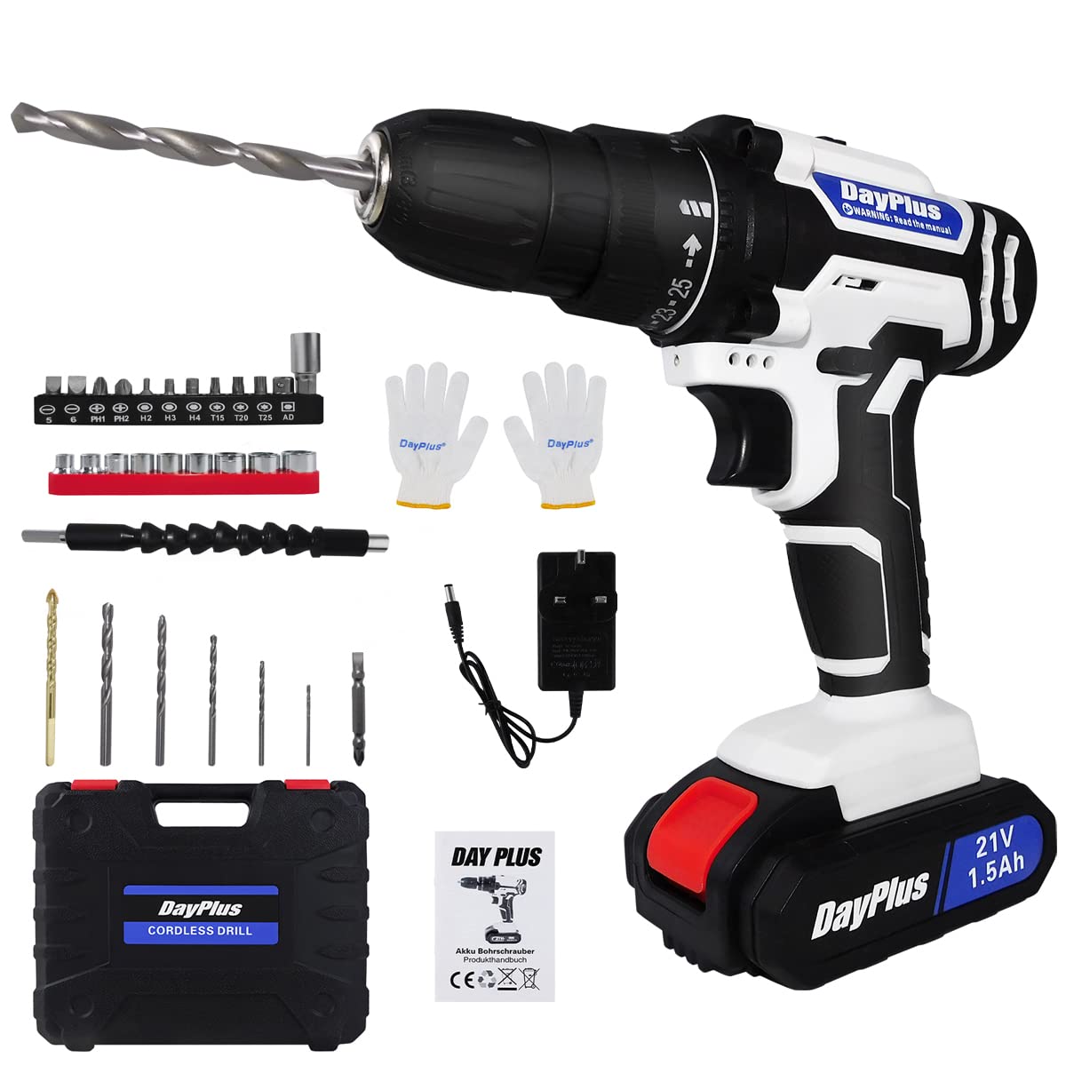 Безшнурова дриль Шурупокрут 21 В 45 Нм з акумулятором 1500 мАг 18+1 рівнів крутного моменту 2 передачі з LED підсвіткою, фото №1