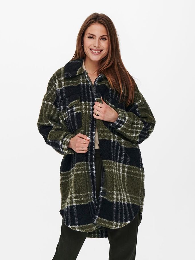 Пальто ONLY NEWCAMILLA TEDDY SHACKET AOP CC OTW 15228399 Kalamata Checks Хаки M, фото №1