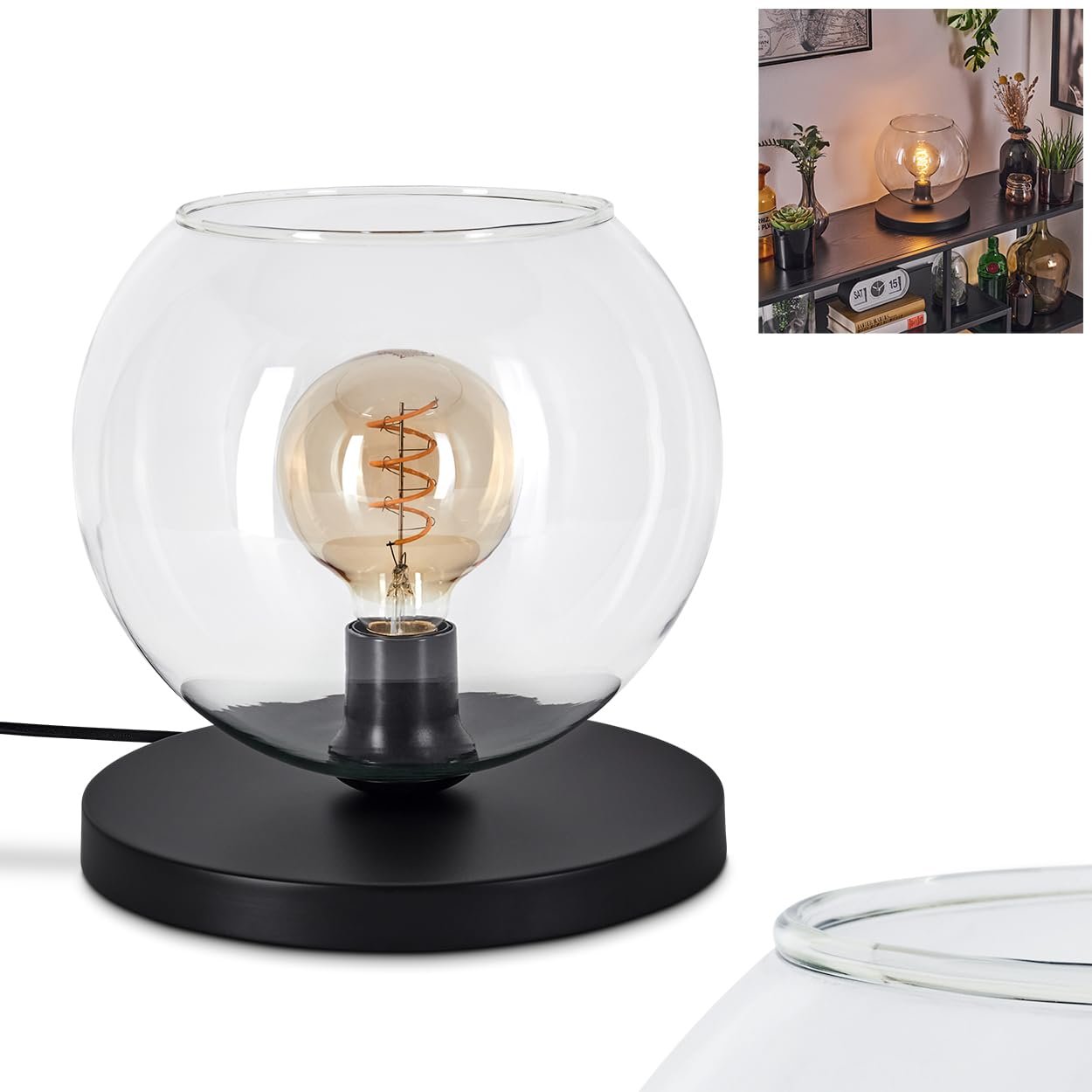 Настільна лампа HOFSTEIN Koyoto Метал/Скло 25 см 1 x E27 Чорний/Прозорий, фото №1