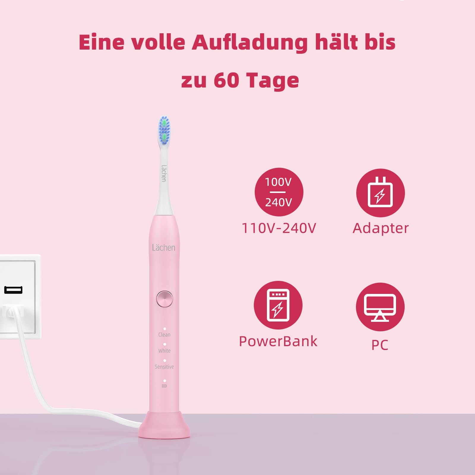 Електрична зубна щітка Lächen Sonic 3 режими IPX7 Pink, фото №6