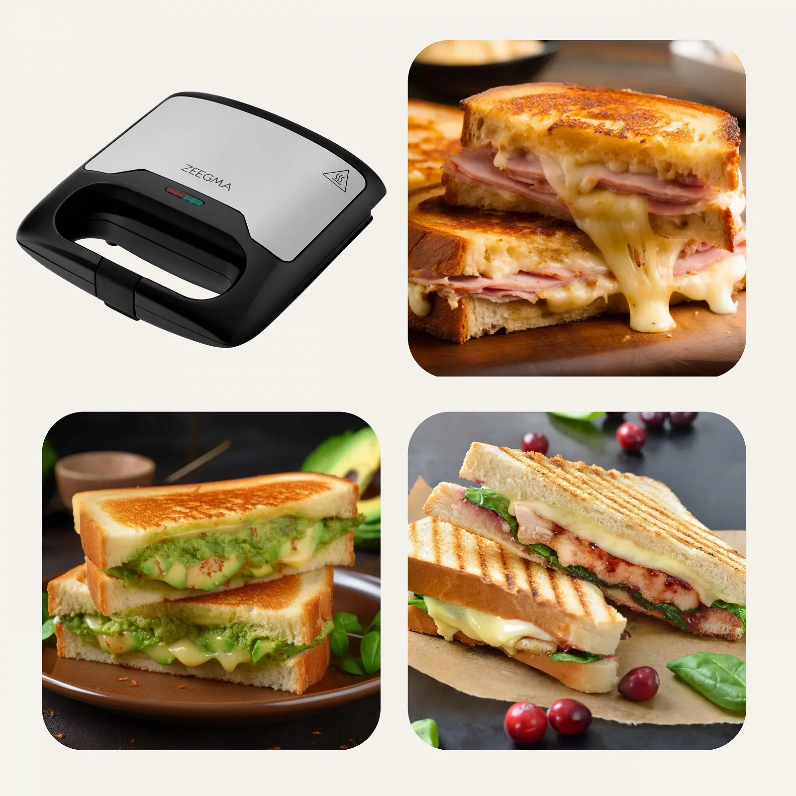 Сендвічниця ZEEGMA Red Silver 750 Вт, антипригарне покриття, захист від перегріву, для хліба, паніні, сендвічів, фото №6