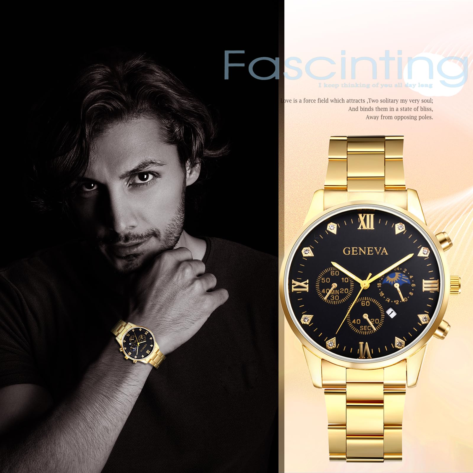 Часы Avaner Мужские Нержавеющая сталь Люминесцентный Циферблат с Россыпью Камней Кварцевые Золотой, фото №7