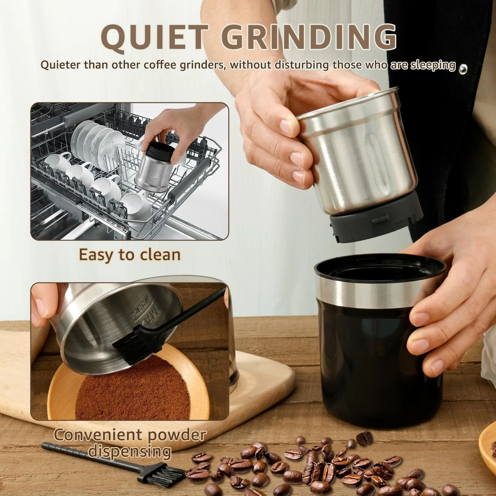 Електрична кавомолка USB акумуляторна багатофункціональна безшумна знімна конструкція конусної форми для кавових зерен, зерна, трав, фото №4