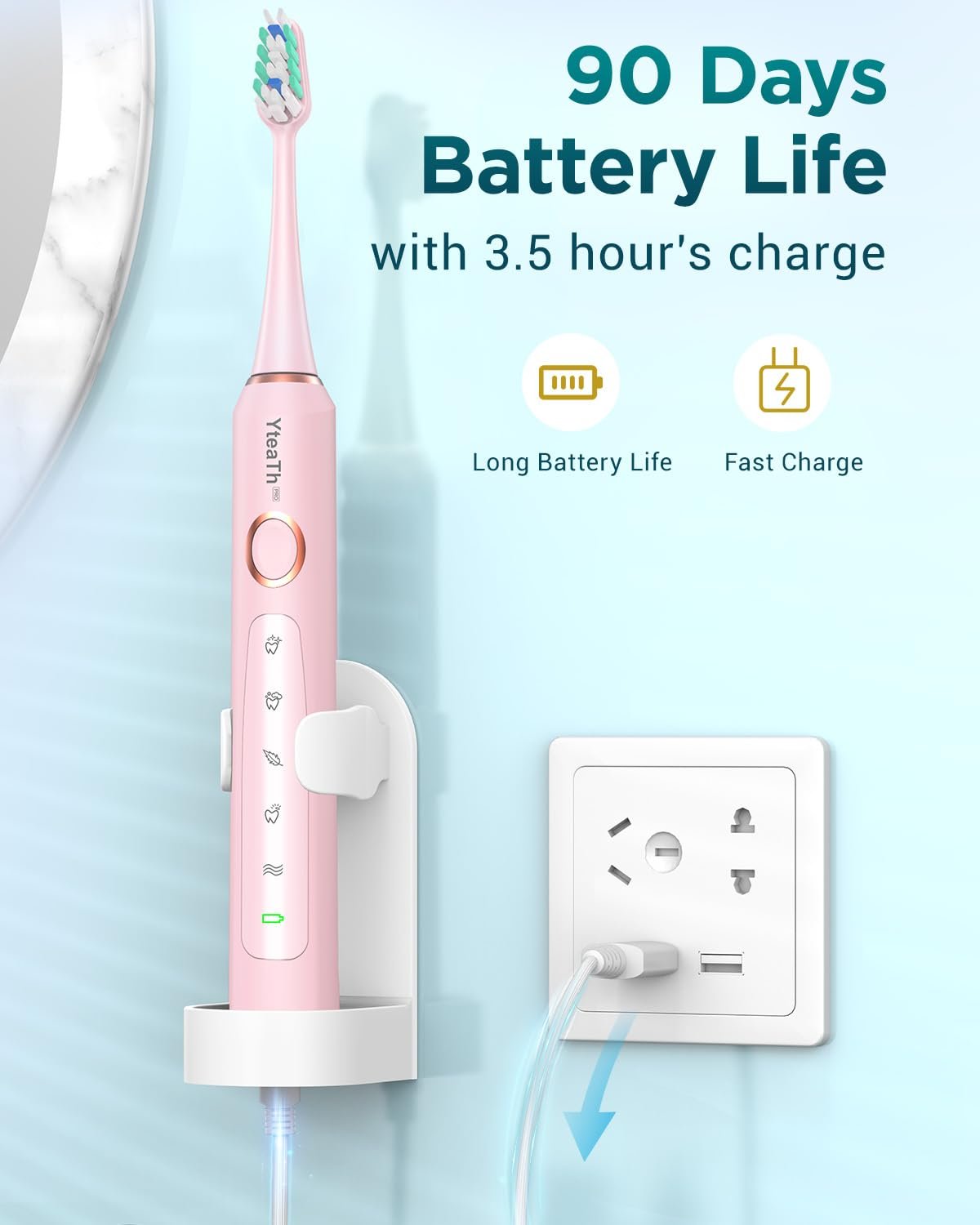 Электрическая зубная щетка YTEATH PRO Sonic, розовая. В комплекте 8 насадок., фото №4