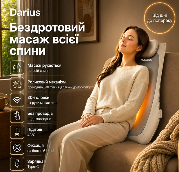Массажная подушка Darius DRS-310C для шеи и спины с подогревом, роликовый массажер для плеч и поясницы, фото №2 Массажная подушка Darius DRS-310C для шеи и спины с подогревом, роликовый массажер для плеч и поясницы, фото №2