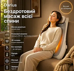 Массажная подушка Darius DRS-310C для шеи и спины с подогревом, роликовый массажер для плеч и поясницы synthetic.ua - Фото 1
