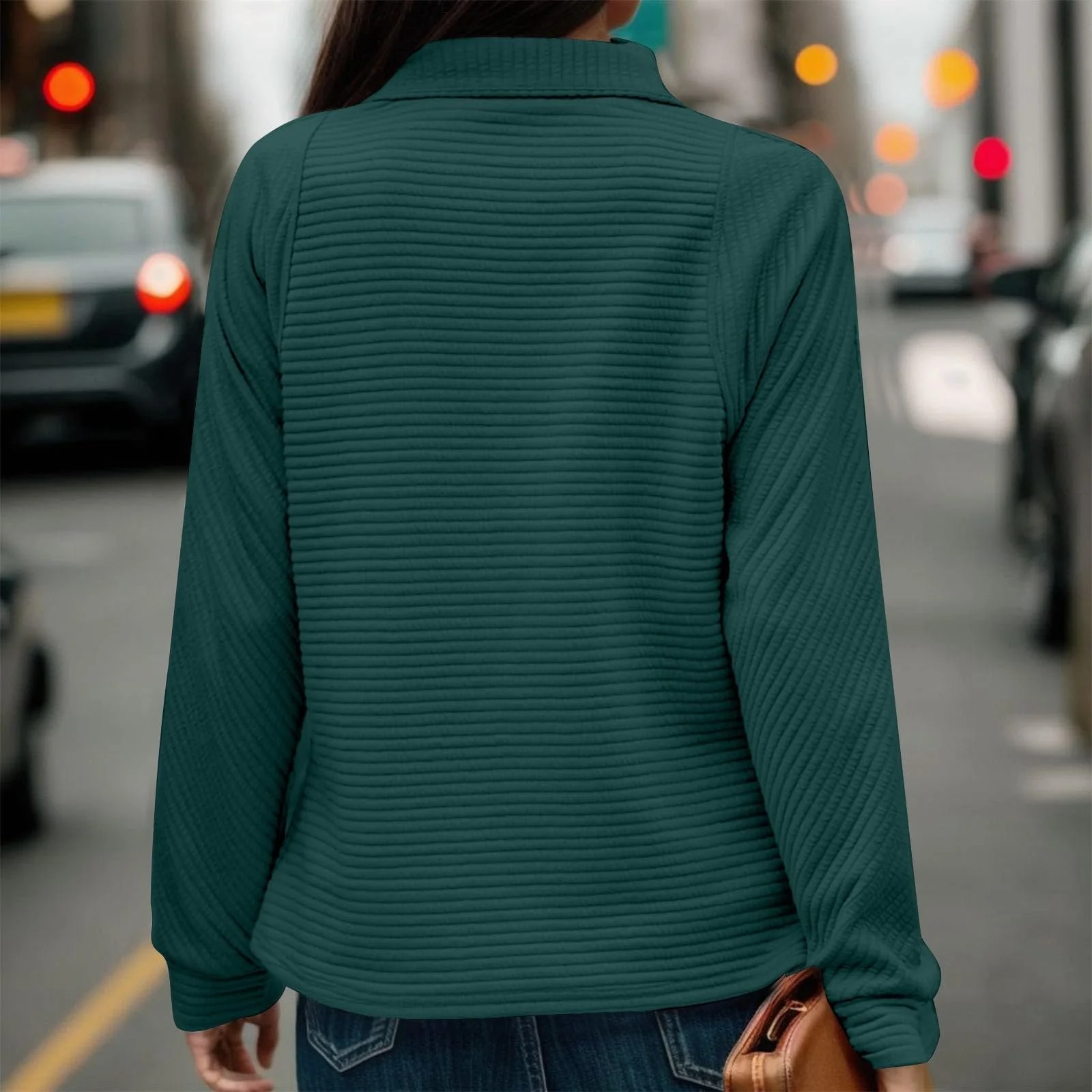 Свитшот на молнии 1/4, Цветной блок, Свободный крой, Y2K воротник, Однотонный, Милый, Длинный рукав, Удобный, С воротником стойкой, Модный западный стиль 2025, фото №3