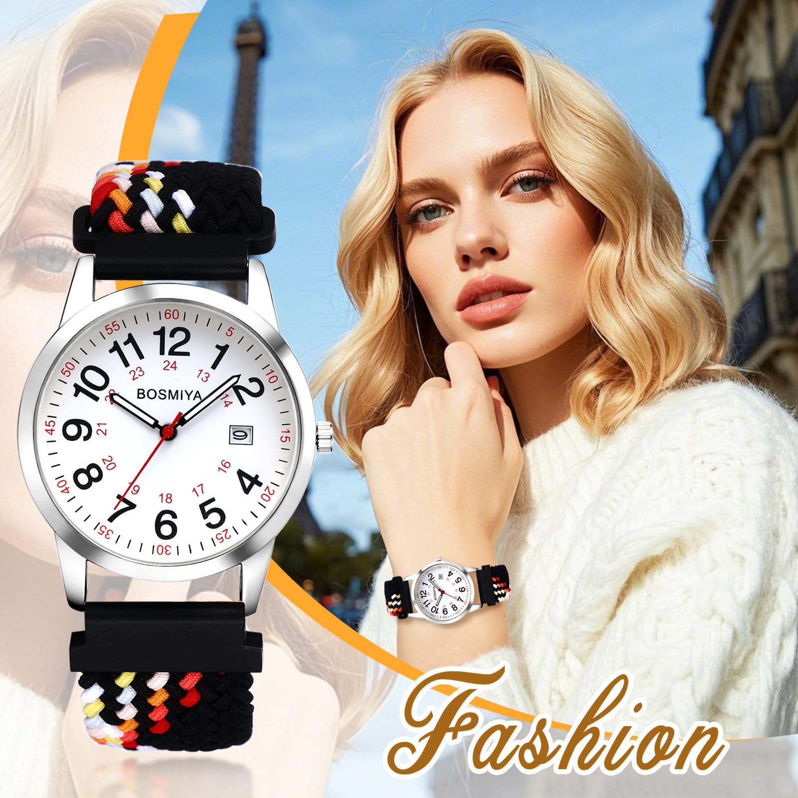 Часы Boho JewelryWe с плетеным эластичным тканевым ремешком, аналоговые кварцевые наручные часы с календарем, цветной тканый эластичный браслет, часы для пожилых людей с большими цифрами 12/24, фото №5 Часы Boho JewelryWe с плетеным эластичным тканевым ремешком, аналоговые кварцевые наручные часы с календарем, цветной тканый эластичный браслет, часы для пожилых людей с большими цифрами 12/24, фото №5