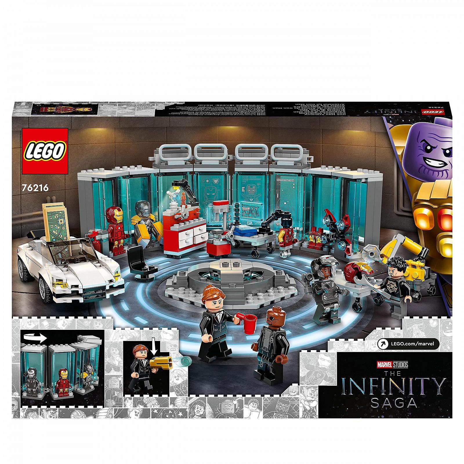 Конструктор LEGO Marvel 76216 Мастерская Железного Человека с 3 боевыми костюмами, игрушечной машиной и роботом, фото №9