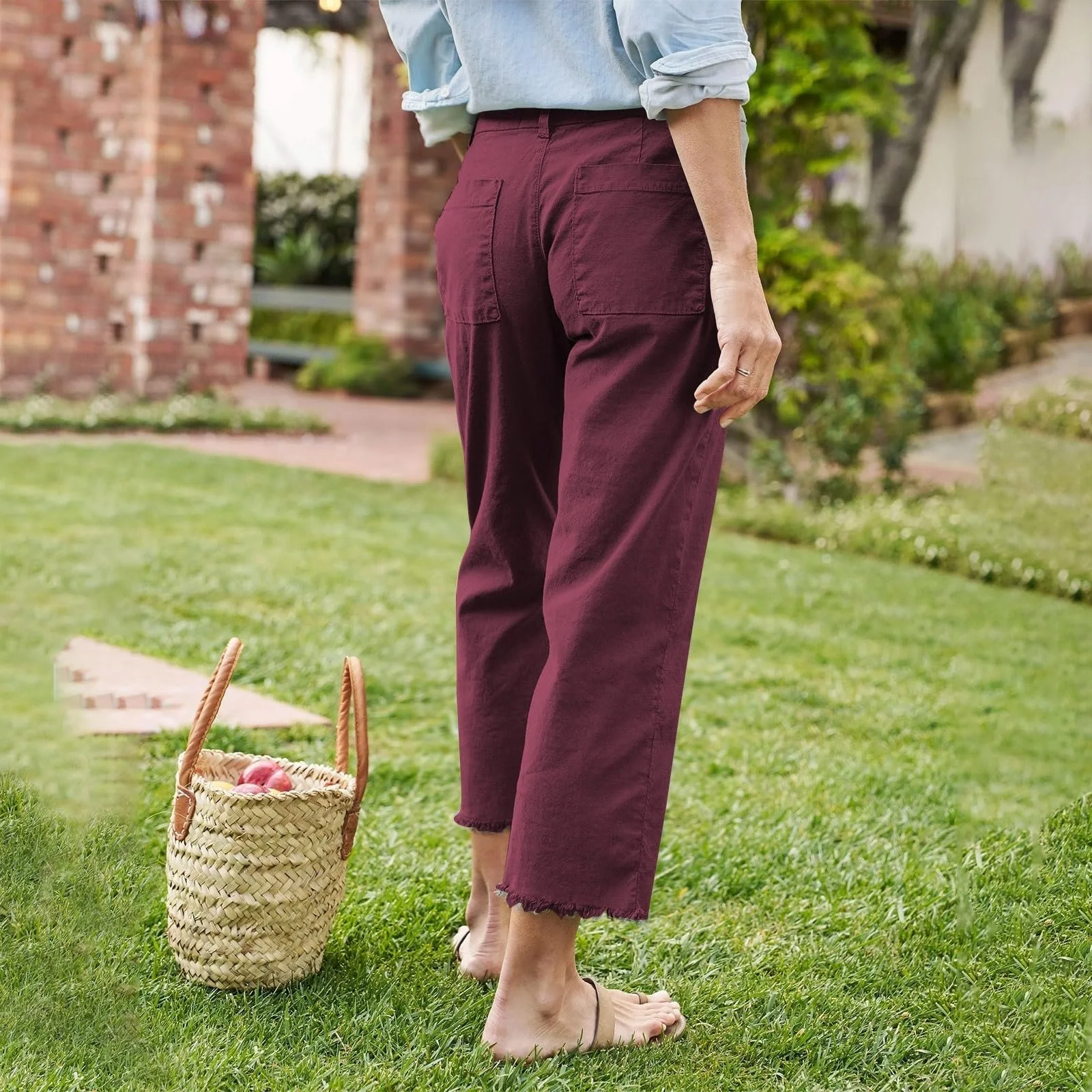 Брюки широкие льняные укороченные, с высокой посадкой, фото №5 Брюки широкие льняные укороченные, с высокой посадкой, фото №5