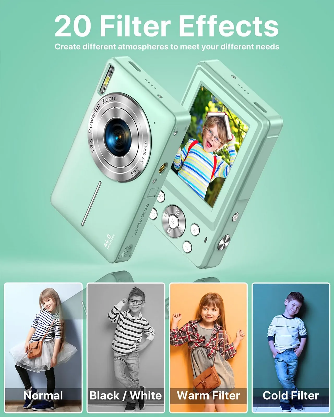 Цифрова камера 1080P 44MP 2,4-дюймовий LCD-екран 16x цифровий зум 32G Micro Memory Card 1 акумулятор Green, фото №4