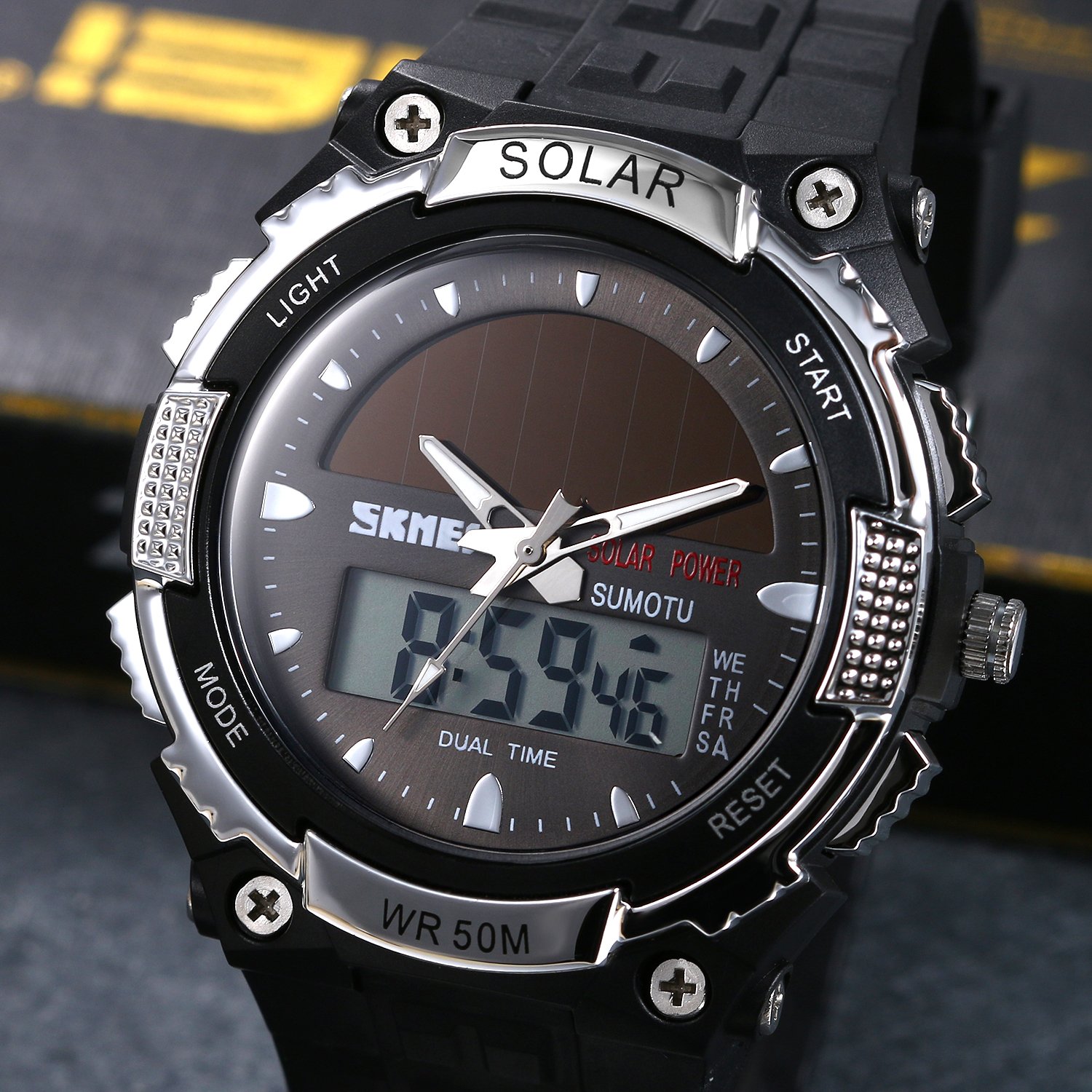 Часы Avaner Solar Мужские Аналоговые Цифровые Кварцевые с Двумя Часовыми Зонами Водонепроницаемые Спортивные с Резиновым Ремешком LED Подсветка Секундомер, фото №4