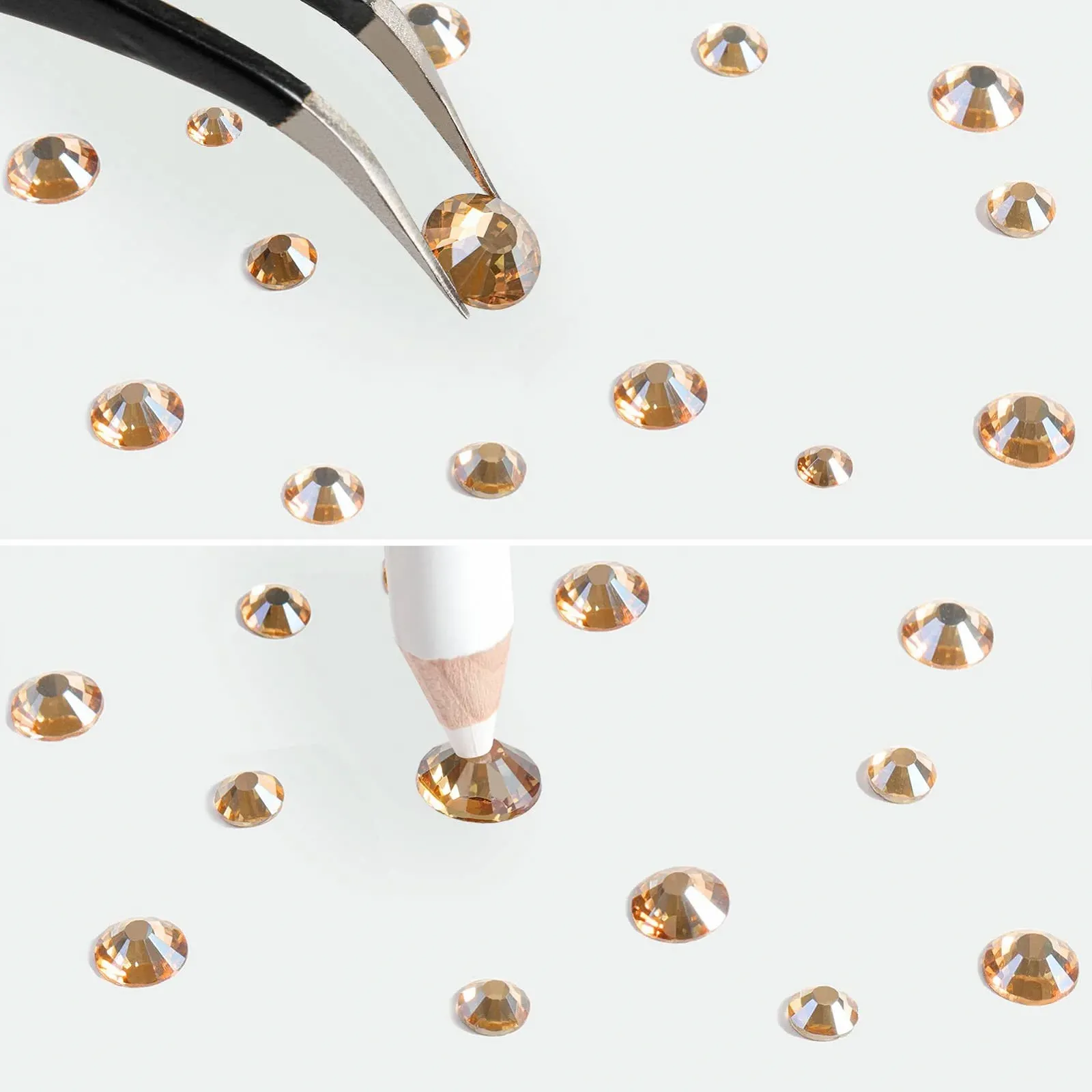 Набор страз Beadsland Смешанный, 8 размеров, Плоские самоцветы, Круглые хрустальные стразы для рукоделия с пинцетом и ручкой (Золотое шампанское), фото №4