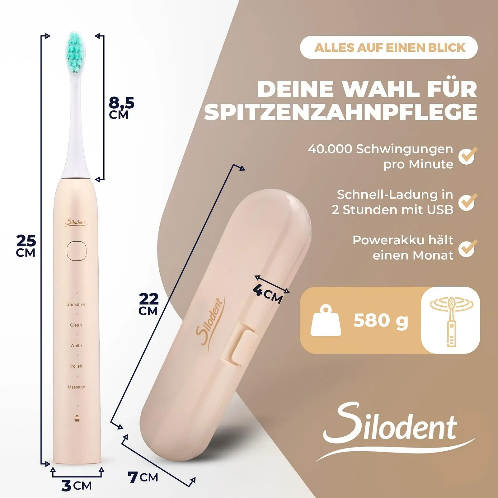 Электрическая зубная щетка Silodent Champagne звуковая 5 программ Дорожный футляр, фото №7