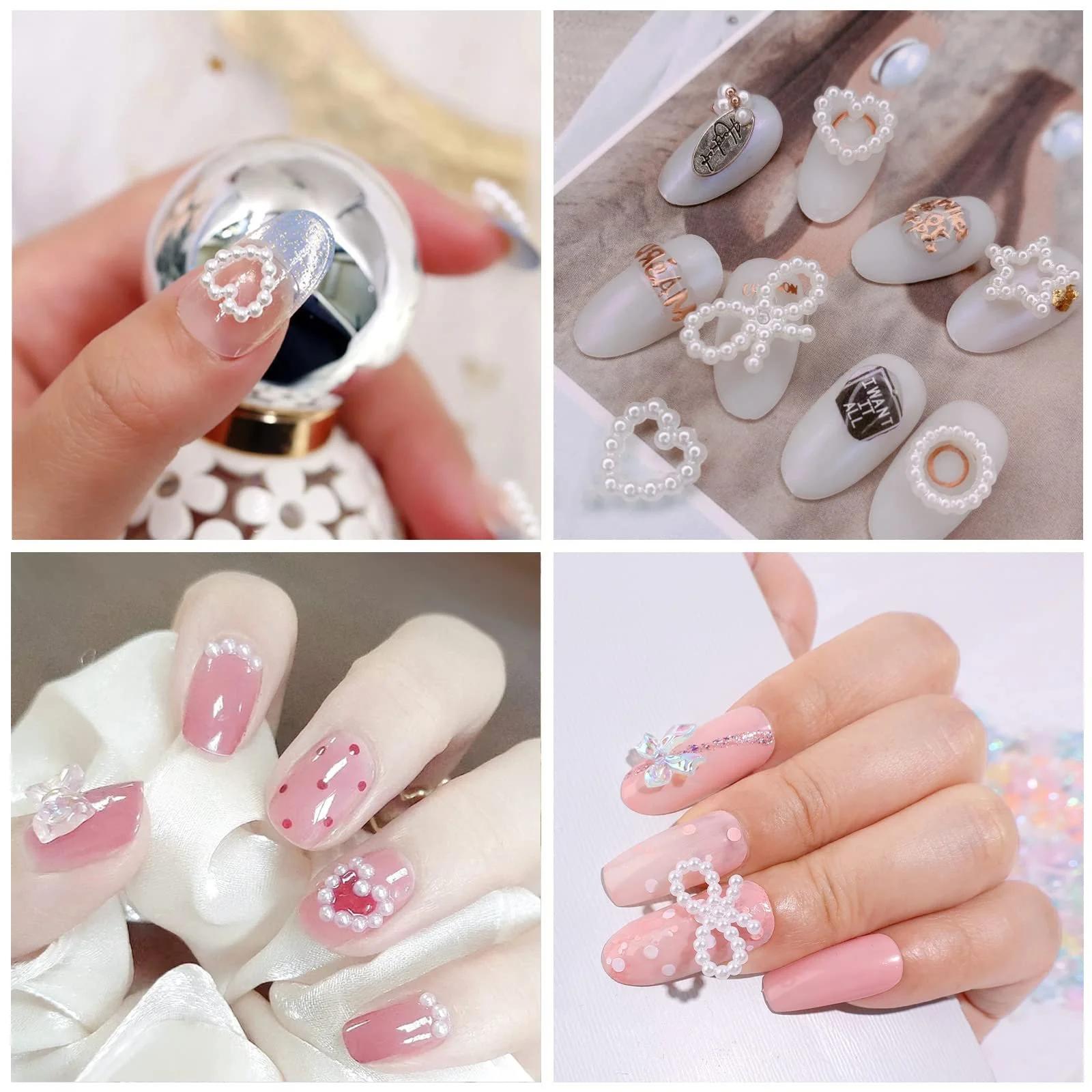 Украшения для ногтей Жемчуг Белый, Набор 200 шт, 3D, Разные формы (сердце, звезда, бант), фото №6