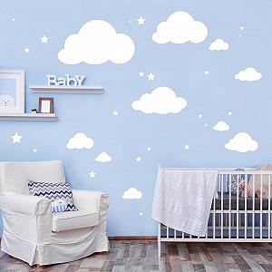 Наклейка на стіну Wandtattoo-Loft Декоративні хмари зі зірками 10 хмар та 20 зірок Біла - Фото 1