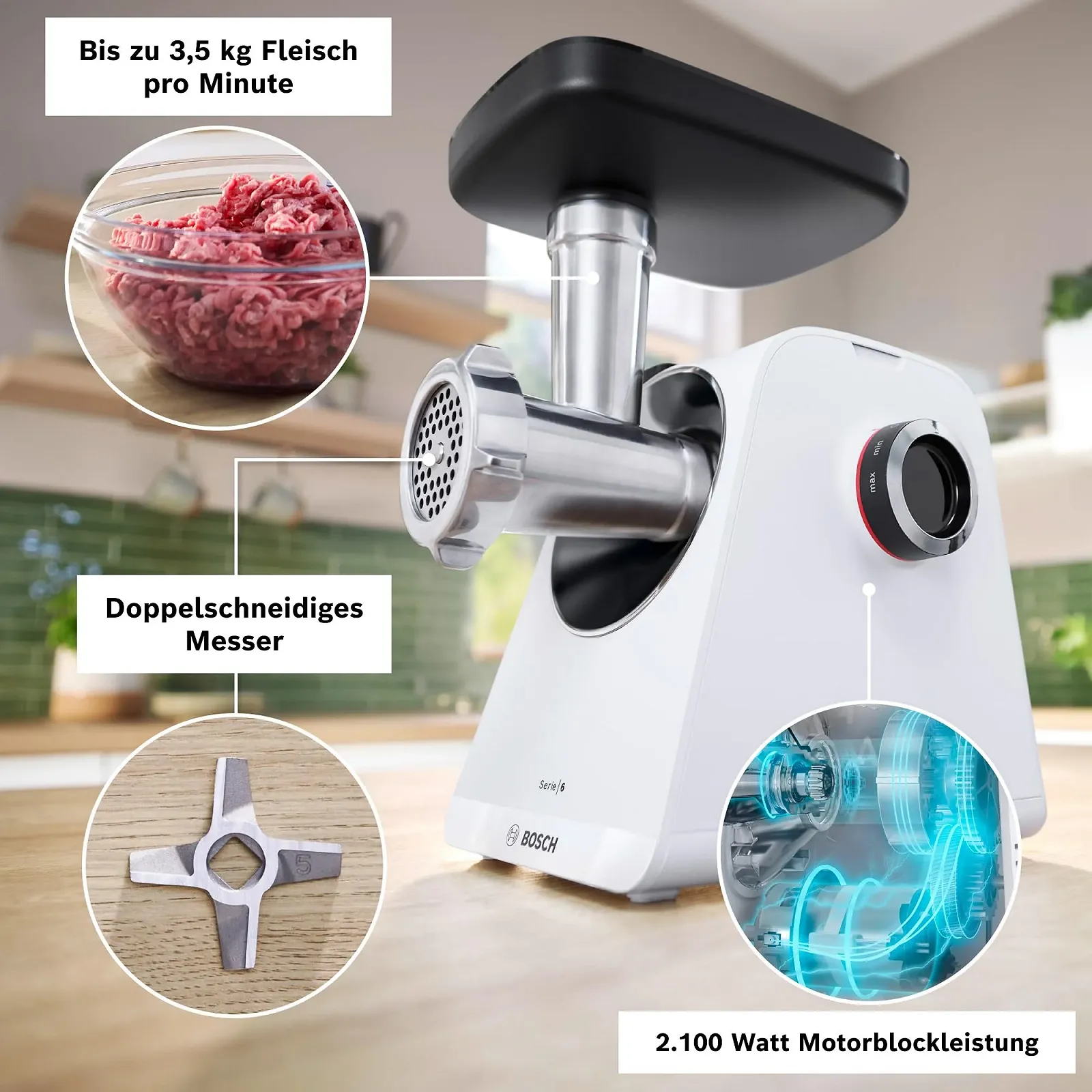 Мясорубка Bosch MultiPower MFWS607W Series 6 2100 Вт 2 диска Кеббе Белая, фото №3