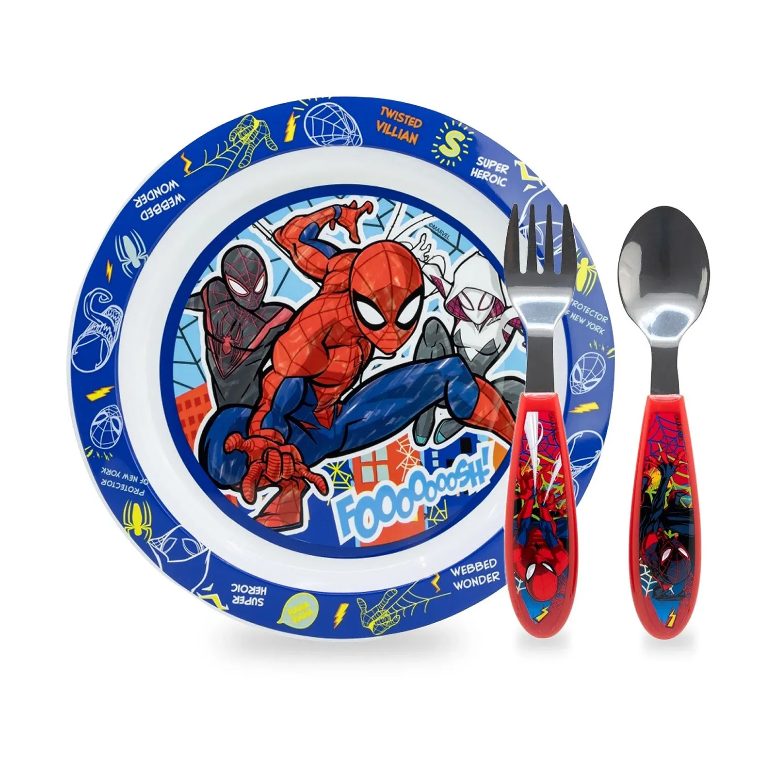 Набор детской посуды Sorrisini, 3 предмета: тарелка, ложка, вилка, Spiderman, фото №1 Набор детской посуды Sorrisini, 3 предмета: тарелка, ложка, вилка, Spiderman, фото №1