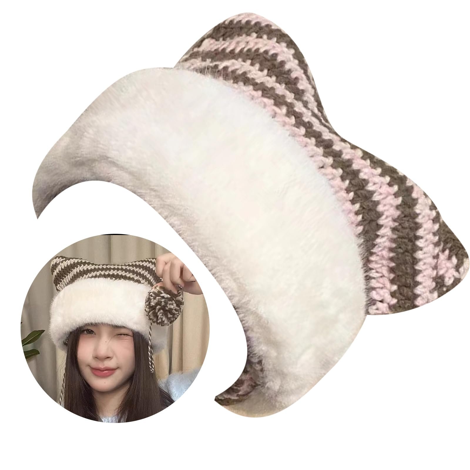 Вязаная теплая полосатая шапка с кошачьими ушками Ldabrye, фото №2 Вязаная теплая полосатая шапка с кошачьими ушками Ldabrye, фото №2