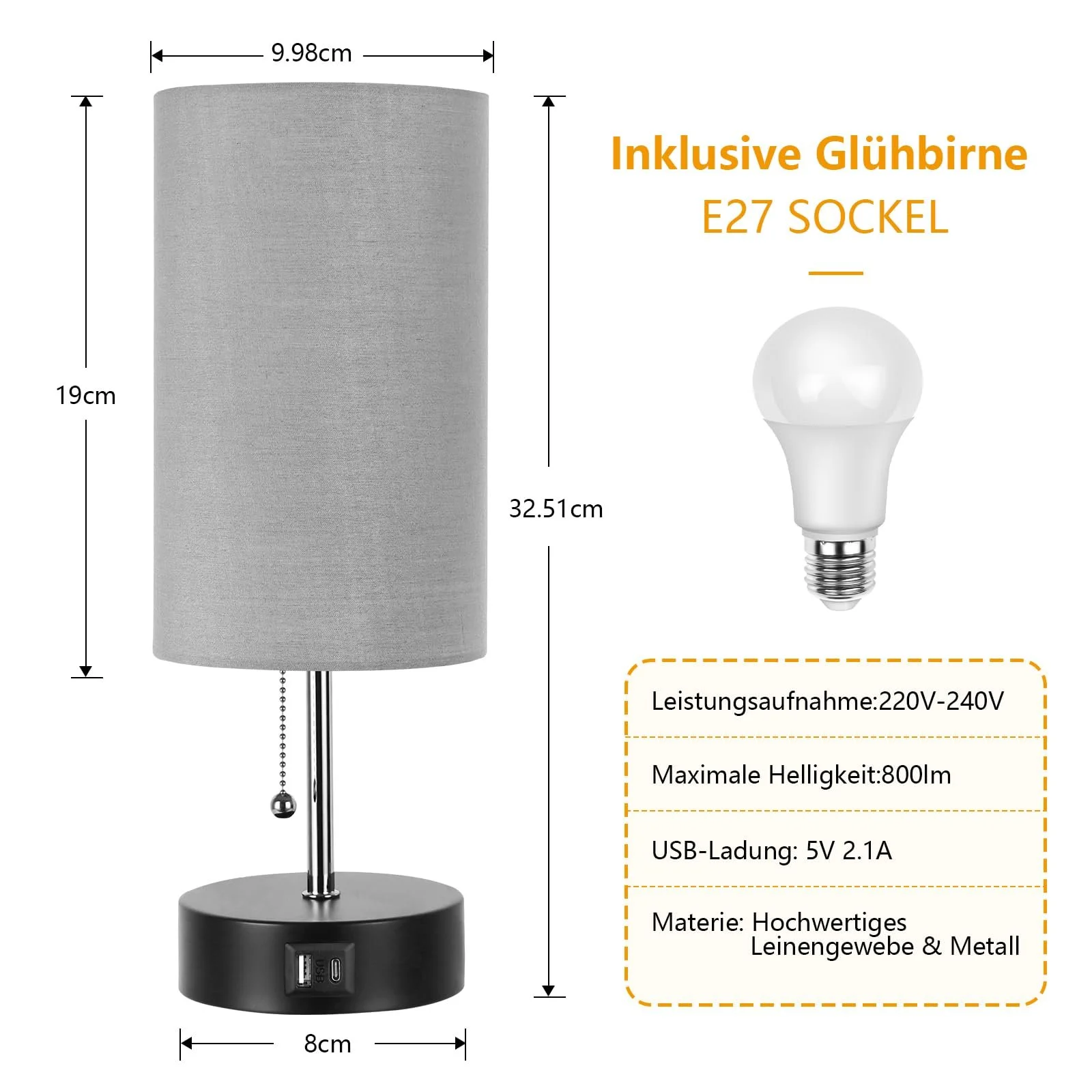 Приліжкова лампа ROTTOGOON 3 колірні температури порти USB A та C LED лампа в комплекті сіра, фото №3