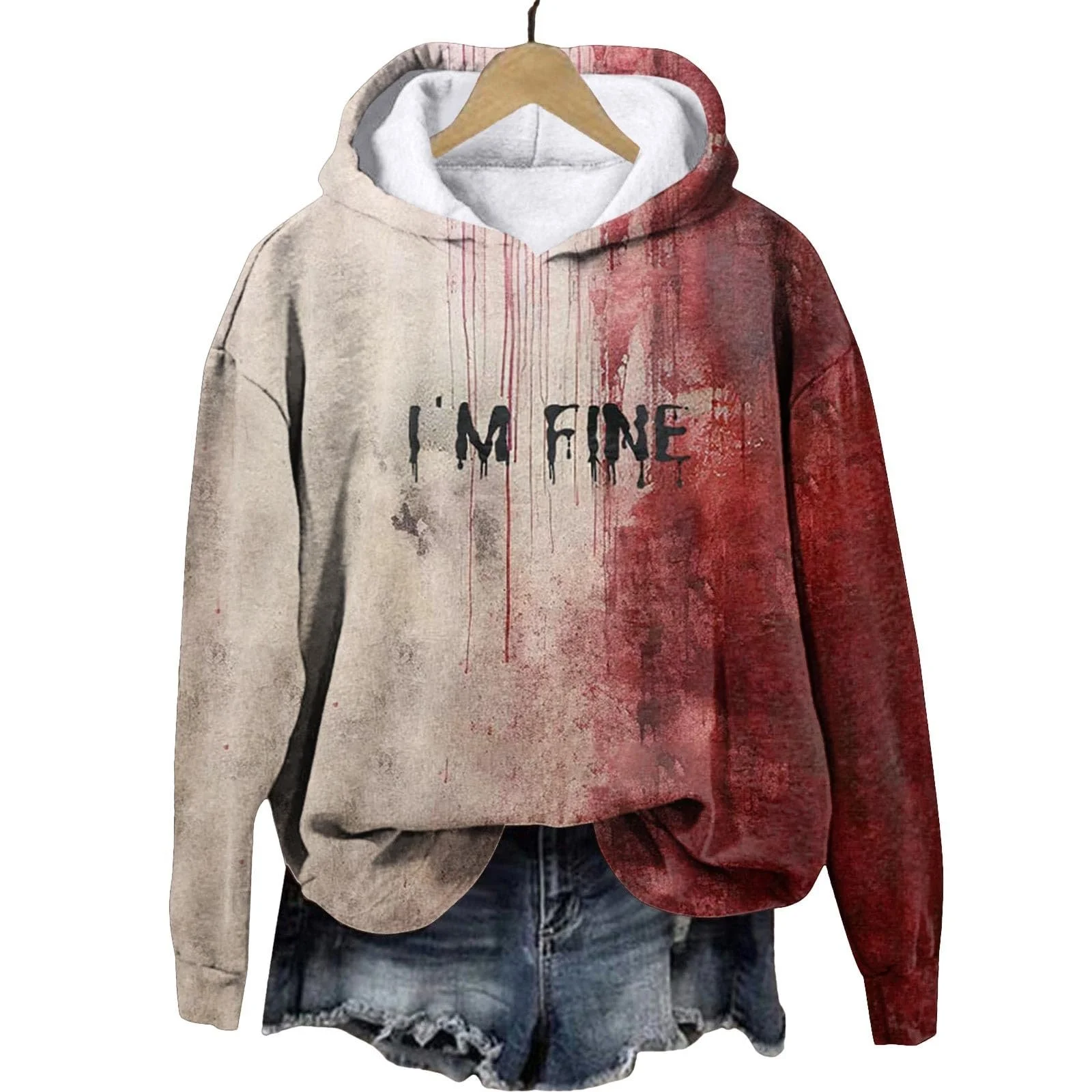 Женская толстовка на Хэллоуин, большой свитшот с капюшоном и принтом брызг крови и буквами, фестивальный ужасный кровавый пуловер, толстовка с капюшоном, костюм на Хэллоуин, женская страшная уличная одежда, фото №3 Женская толстовка на Хэллоуин, большой свитшот с капюшоном и принтом брызг крови и буквами, фестивальный ужасный кровавый пуловер, толстовка с капюшоном, костюм на Хэллоуин, женская страшная уличная одежда, фото №3