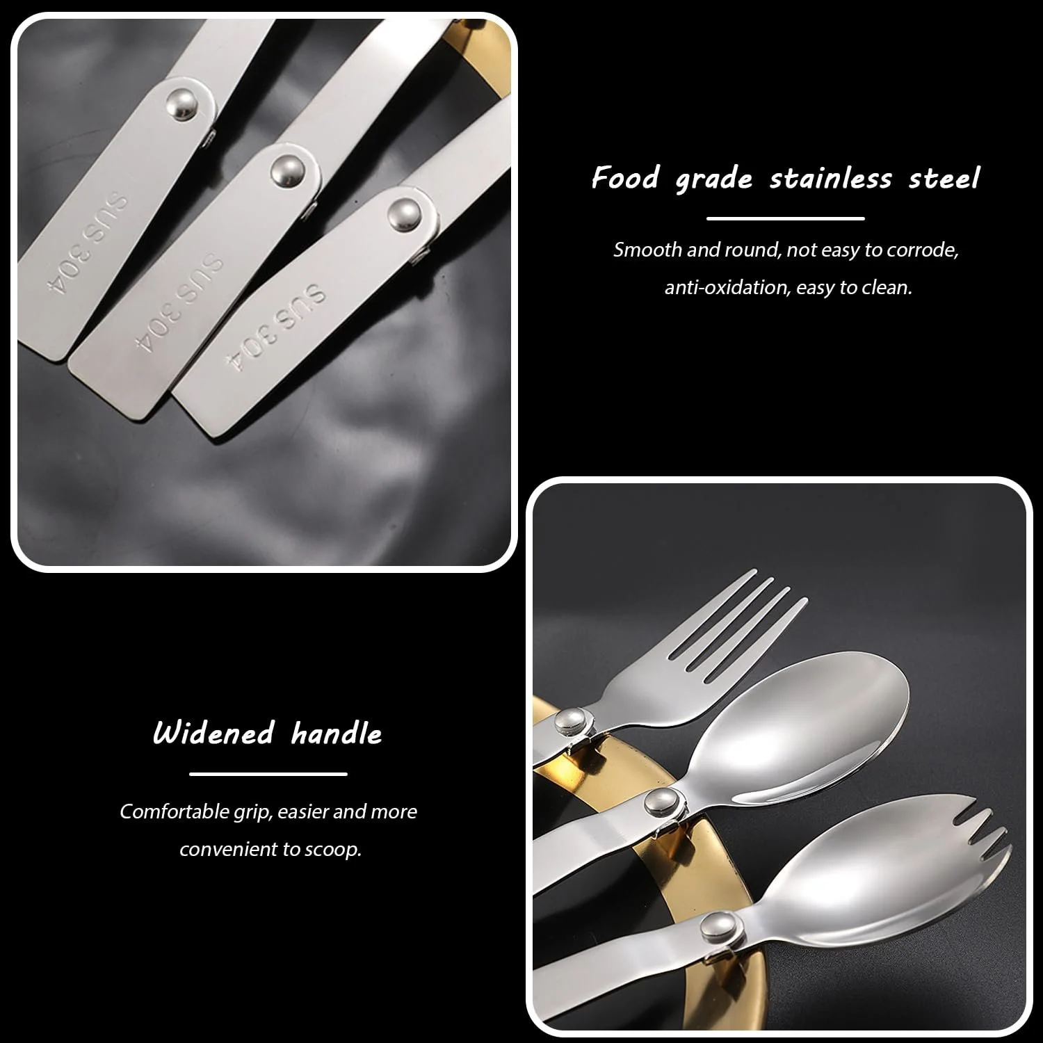 Набор складных столовых приборов из 3 предметов, столовые приборы из нержавеющей стали, портативные столовые приборы, кухонные столовые приборы, подходят для дома, путешествий, кемпинга, фото №3