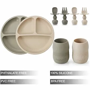 Набір дитячого посуду PandaEar Силікон: 2 дитячі тарілки з присоскою, 2 дитячі ложки, 2 виделки та 2 дитячі чашки synthetic.ua - Фото 1