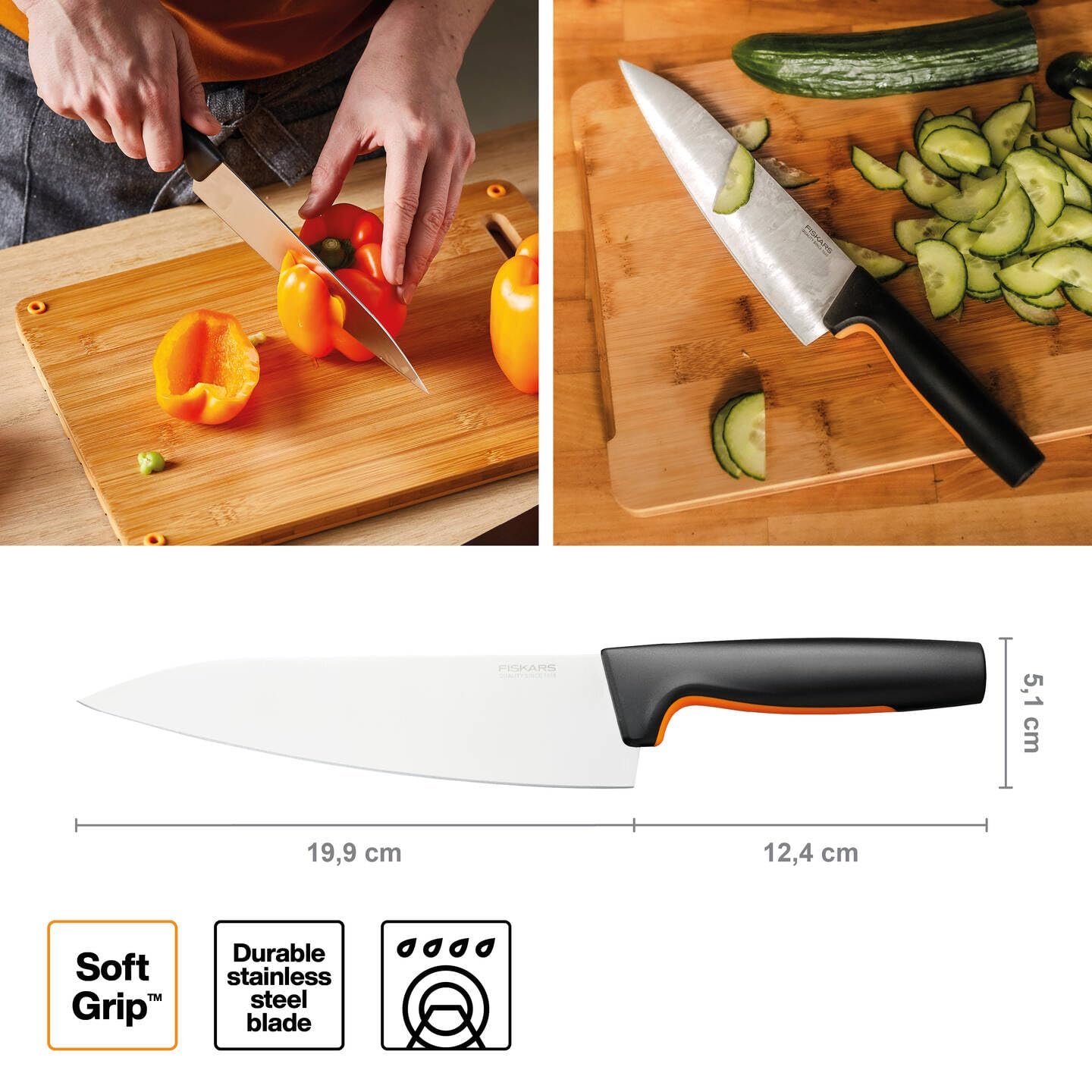 Набір ножів Fiskars Functional Form 5 од. Кухарський ніж, ніж для овочів, ніж для помідорів, ніж Santoku, ніж для хліба, японська нержавіюча сталь/пластик, чорний/помаранчевий, фото №3