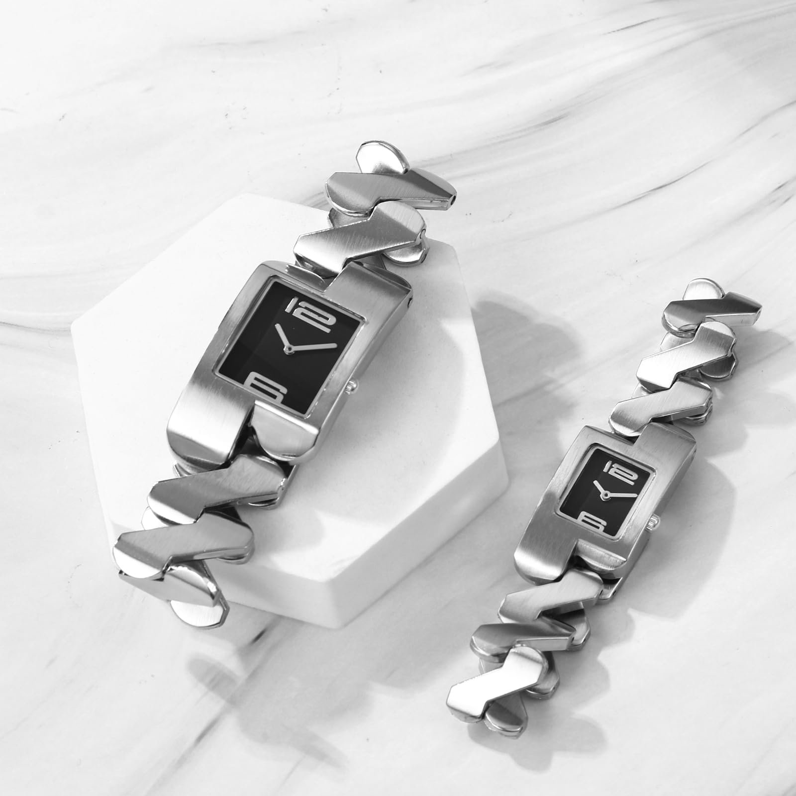 Парные часы Прямоугольные партнерские часы Аналоговые кварцевые часы для пары Часы дружбы Мужские Женские Повседневные часы с металлическим ремешком зигзаг и квадратным циферблатом Золотой/Серебряный, фото №2