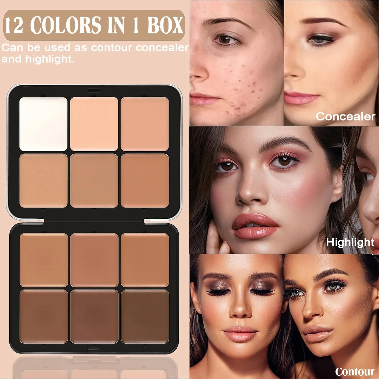 Палетка консилерів і хайлайтерів Joyeee 12 кольорів, палетка кремового макіяжу з 11 кистями, фото №2