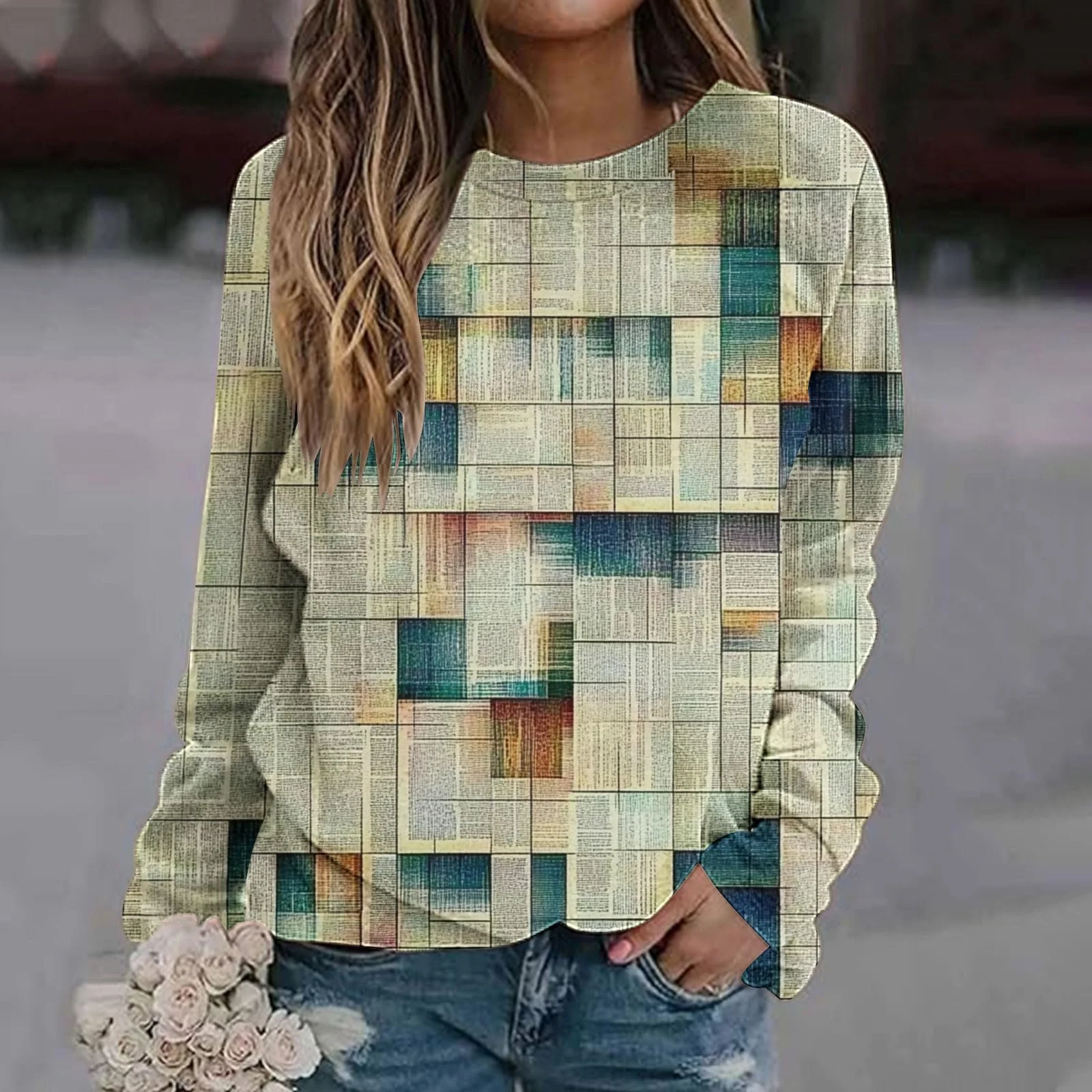 Свитшот Komiseup Oversize Y2K Пуловер без капюшона, с длинными рукавами, круглый вырез, Longshirt, Sportshirt, винтажный клетчатый узор, осенне-зимний, повседневный, легкий флисовый пуловер 02, фото №2