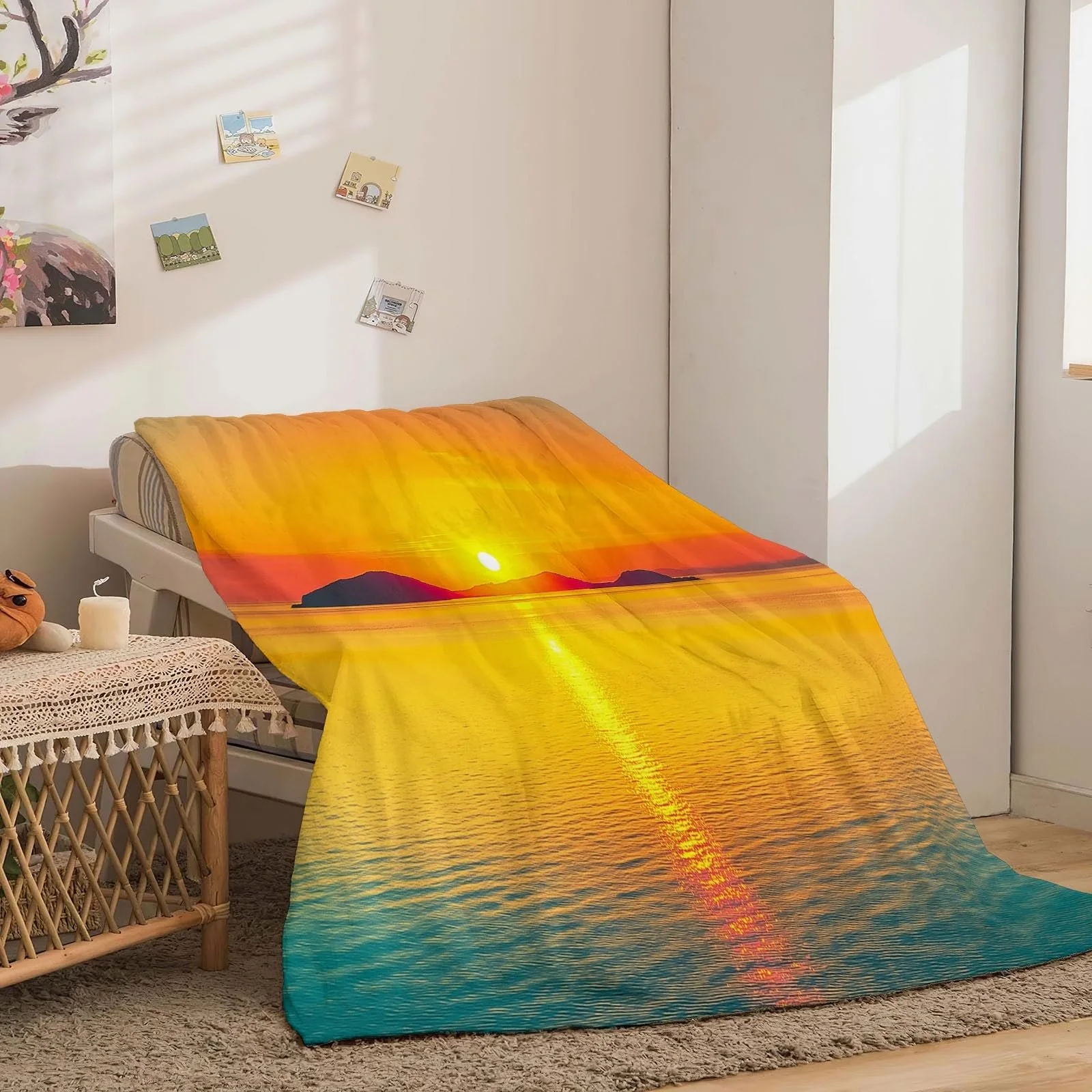 Одеяло Halloween Флисовое Оранжевый Цвет С принтом Закат Побережье Острова 200 x 220 см, фото №4