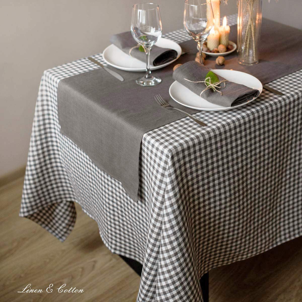 Скатертина Linen & Cotton Estella у клітинку 100% льон 80 x 80 см біло-сіра, фото №5