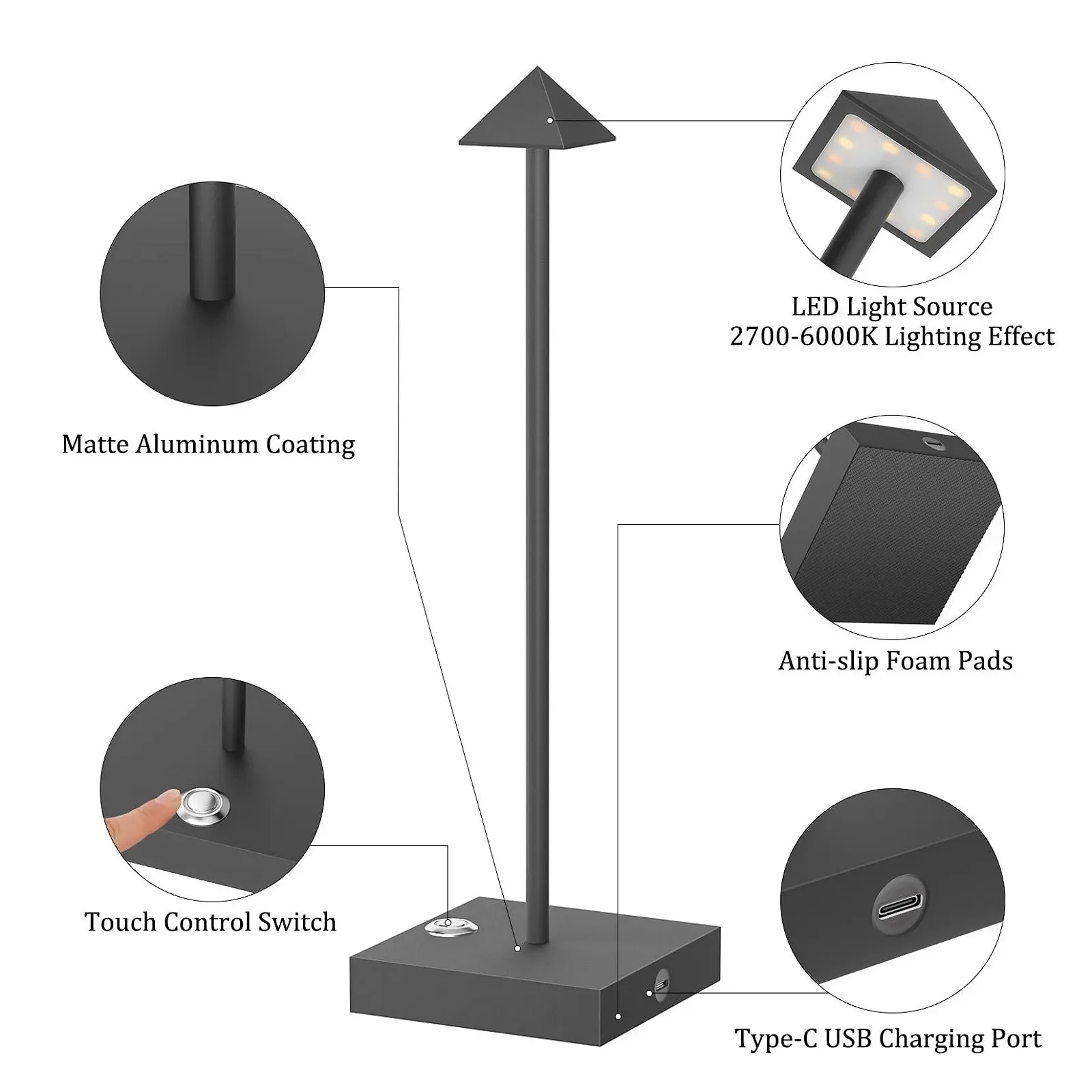 Настільна лампа Aipsun 2 шт. LED Dimmable Battery USB-C IP54 Anthracite, фото №5