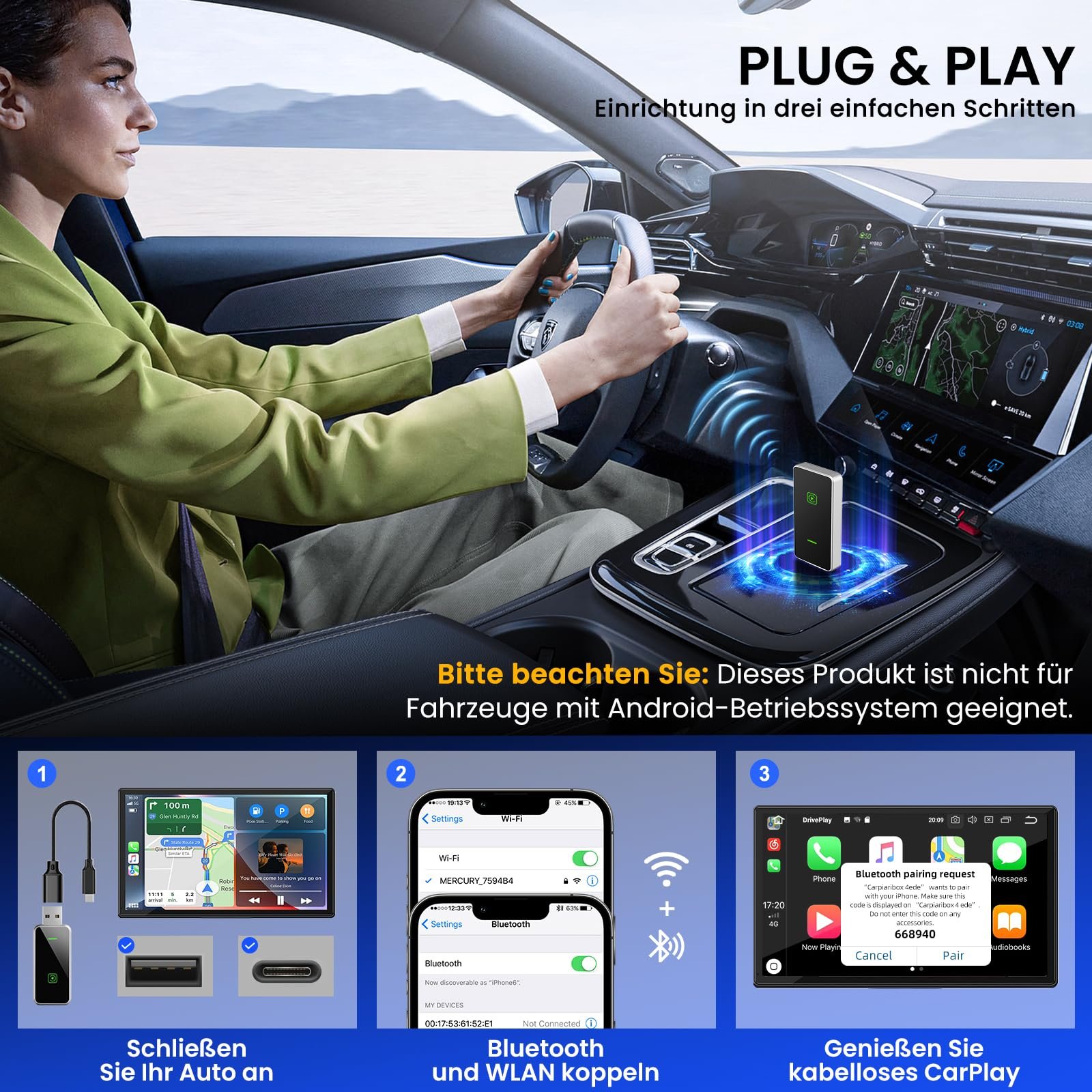 Беспроводной адаптер CarPlay Бренд не указан Модель не указана Характеристики: совместим с iPhone, преобразует проводное подключение в беспроводное, ключ CarPlay, подключи и работай для Apple iOS 10+ и автомобилей с 2019+, интеллектуальное голосовое управление Цвет: черный, фото №6