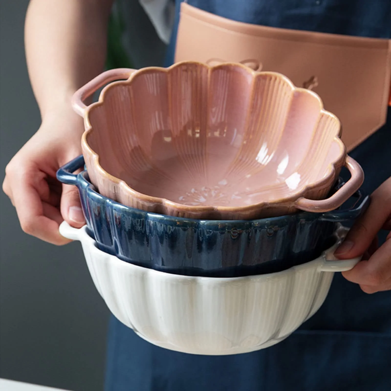 Форма для запекания керамическая глубокая круглая с ручкой 1100 мл Зеленая, фото №5