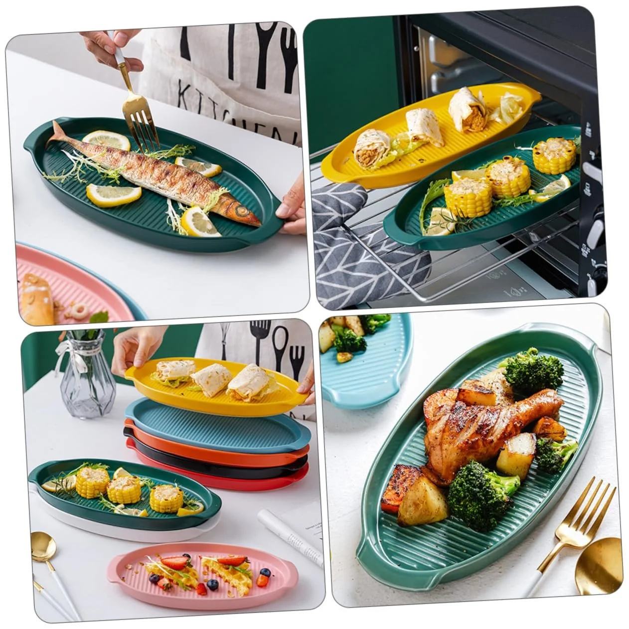 Форма для запекания PRETYZOOM Керамическая овальная с ручками малая Ретро-зеленая, фото №5