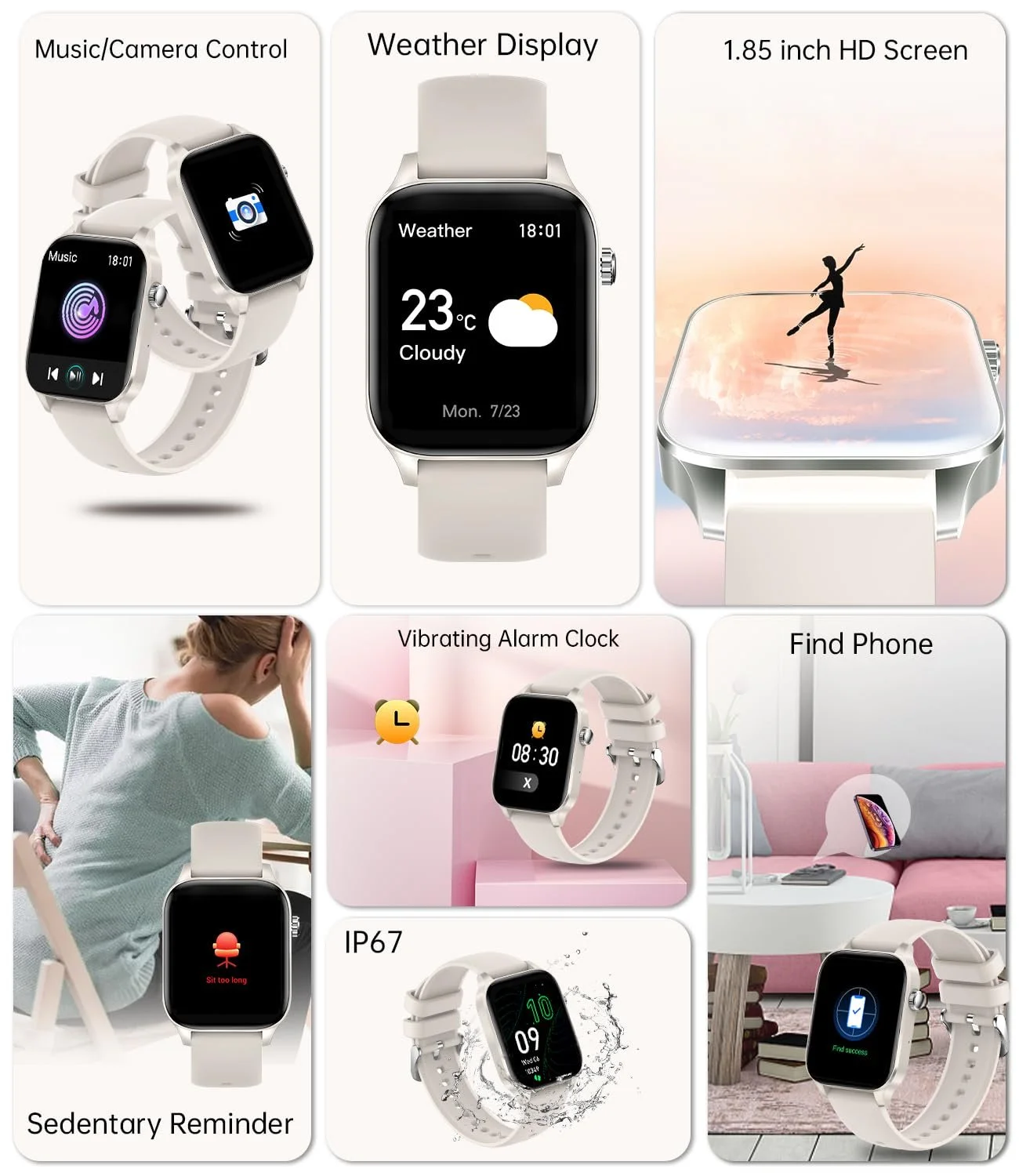 Розумний годинник жіночий 1.85 дюйми, функція телефону, сповіщення, голосовий помічник, фото №6