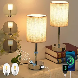 Настільна лампа LED Набір 2 шт. Сенсорна USB A+C Бежевий - Фото 1