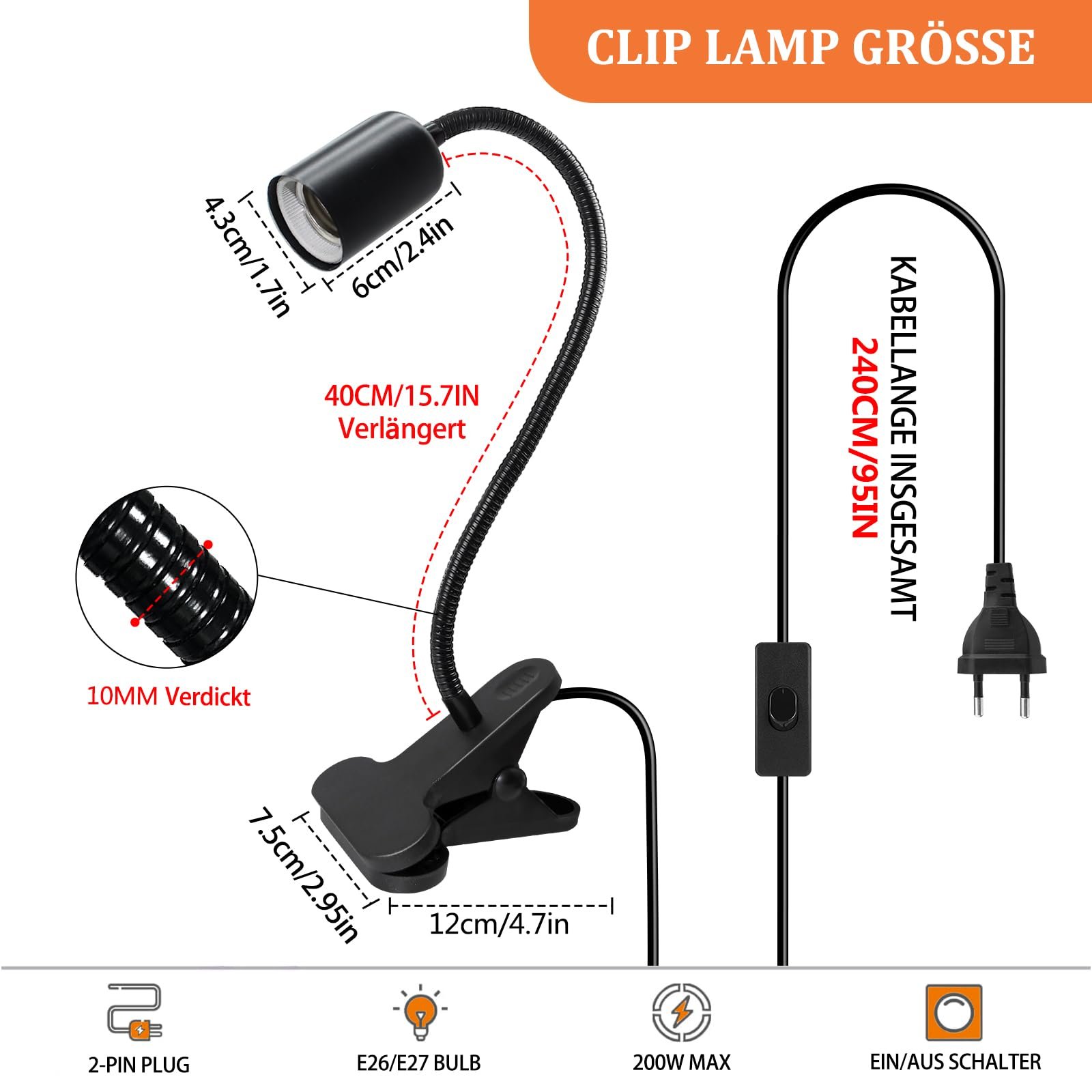 Лампа-затискач E27 240 см кабель 360° регульована 40 см гнучка ніжка з вилкою, фото №2