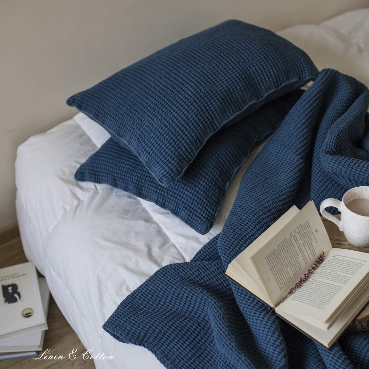 Покривало Вафельне Плед Linen & Cotton Enzo Плед в клітинку 210 x 250 см Темно-синій, фото №7