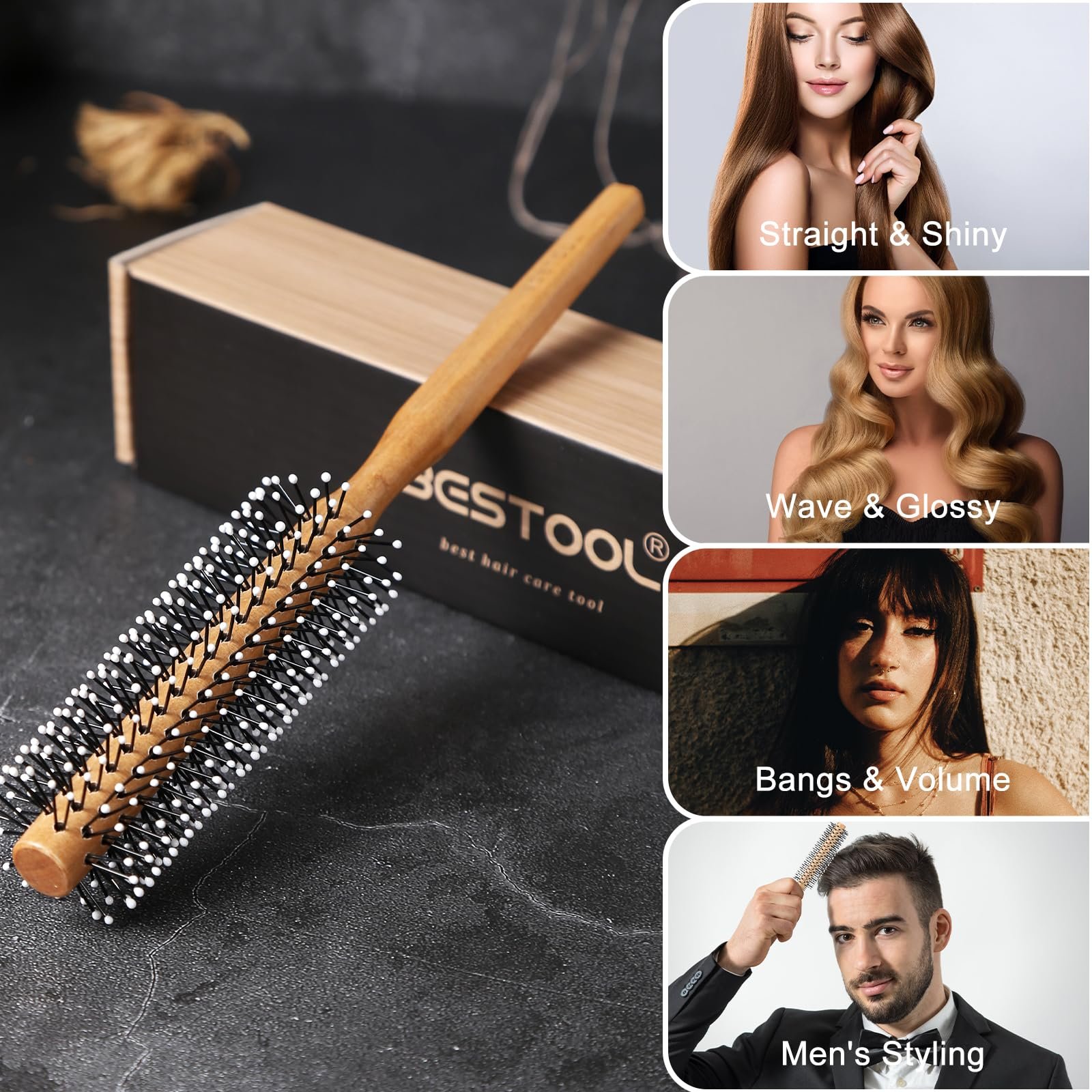 Кругла щітка BESTOOL Small для короткого та середнього волосся, кругла щітка для сушіння феном, кругла щітка для бороди для чоловіків, професійна кругла щітка для укладання для випрямлення, завивки, чубчика (натуральна), фото №6