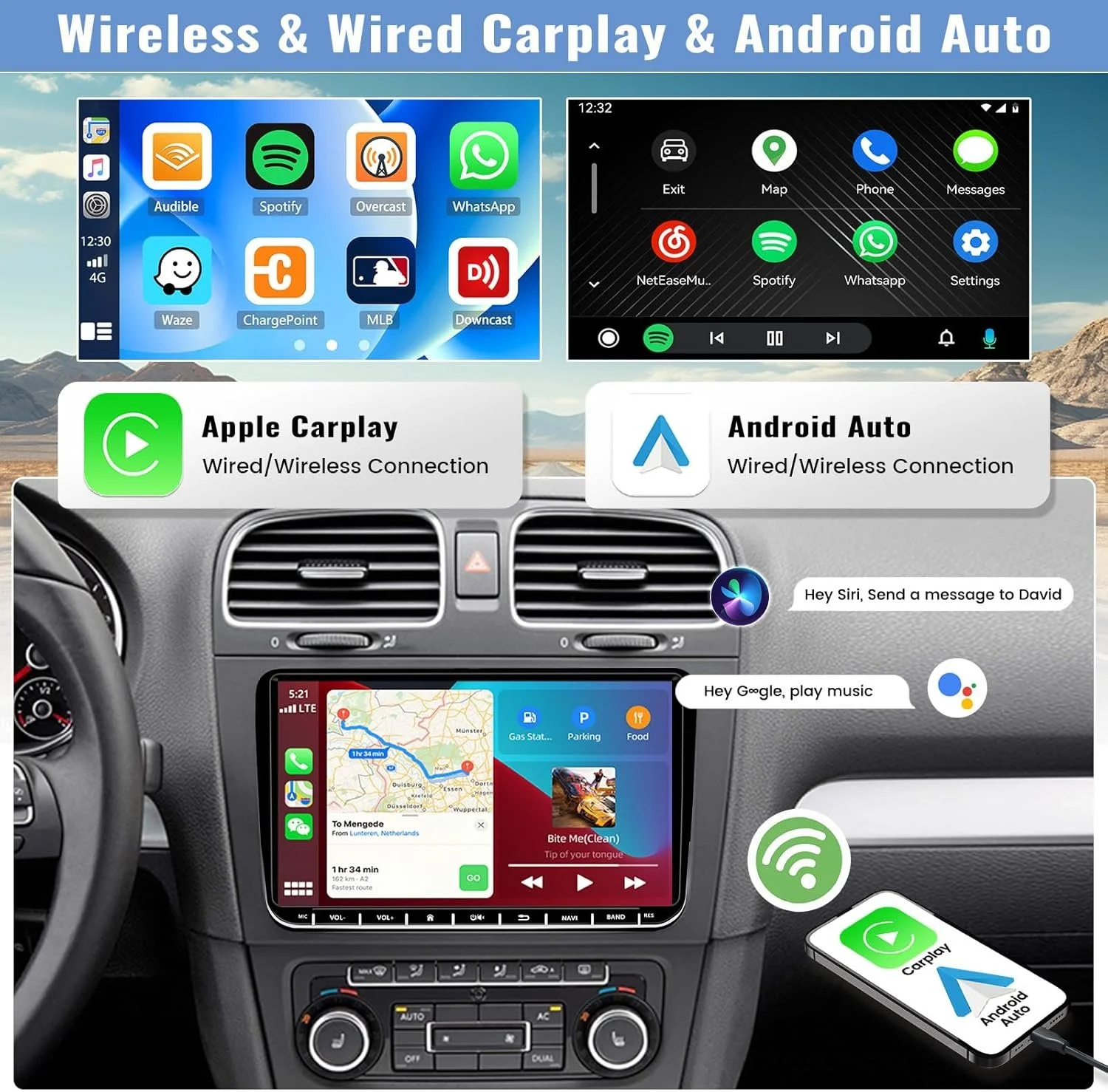 Штатна автомагнітола CAMECHO для VW Golf 5 6 Polo T5 Tiguan Seat / 7" / Сенсорна / 2/64Гб / Android 13 / Apple CarPlay / Android Auto / Bluetooth / WI-FI / GPS / USB, фото №3 Штатна автомагнітола CAMECHO для VW Golf 5 6 Polo T5 Tiguan Seat / 7" / Сенсорна / 2/64Гб / Android 13 / Apple CarPlay / Android Auto / Bluetooth / WI-FI / GPS / USB, фото №3