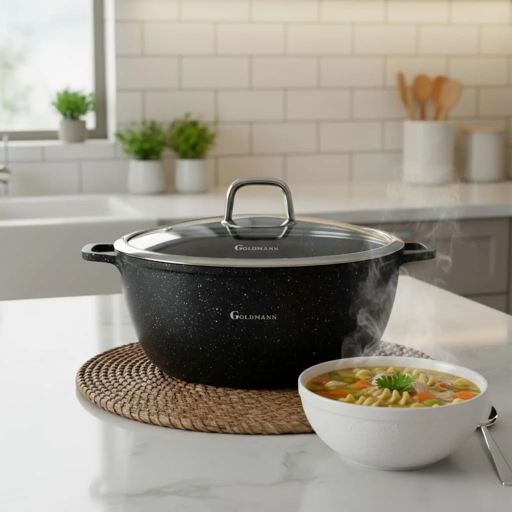 Каструля GOLDMANN 32 см з антипригарним покриттям та скляною кришкою, 9.9 л з мармуровим керамічним покриттям, фото №3 Каструля GOLDMANN 32 см з антипригарним покриттям та скляною кришкою, 9.9 л з мармуровим керамічним покриттям, фото №3