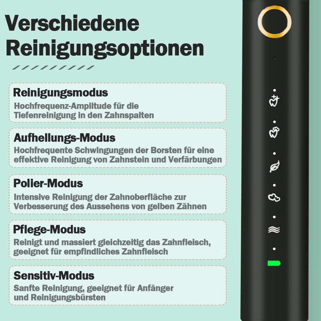 Електрична звукова зубна щітка для дорослих 40 000 VPM з 5 насадками та зарядною станцією 5 режимів, фото №7