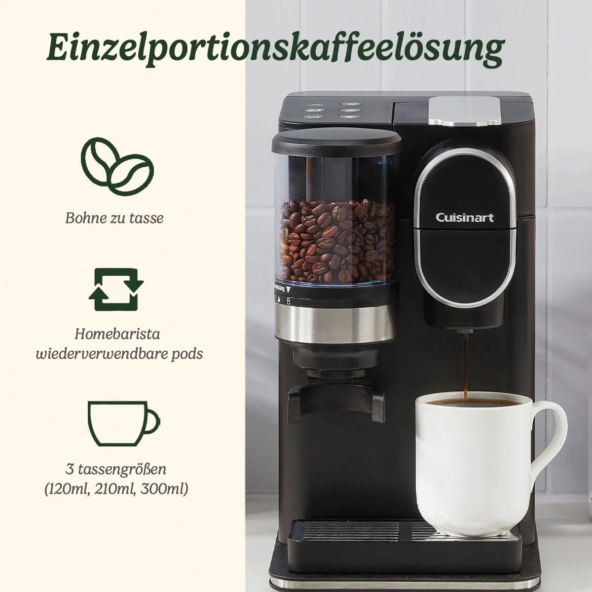 Кофеварка Cuisinart на одну порцию со встроенной конусной кофемолкой из нержавеющей стали черная, фото №2