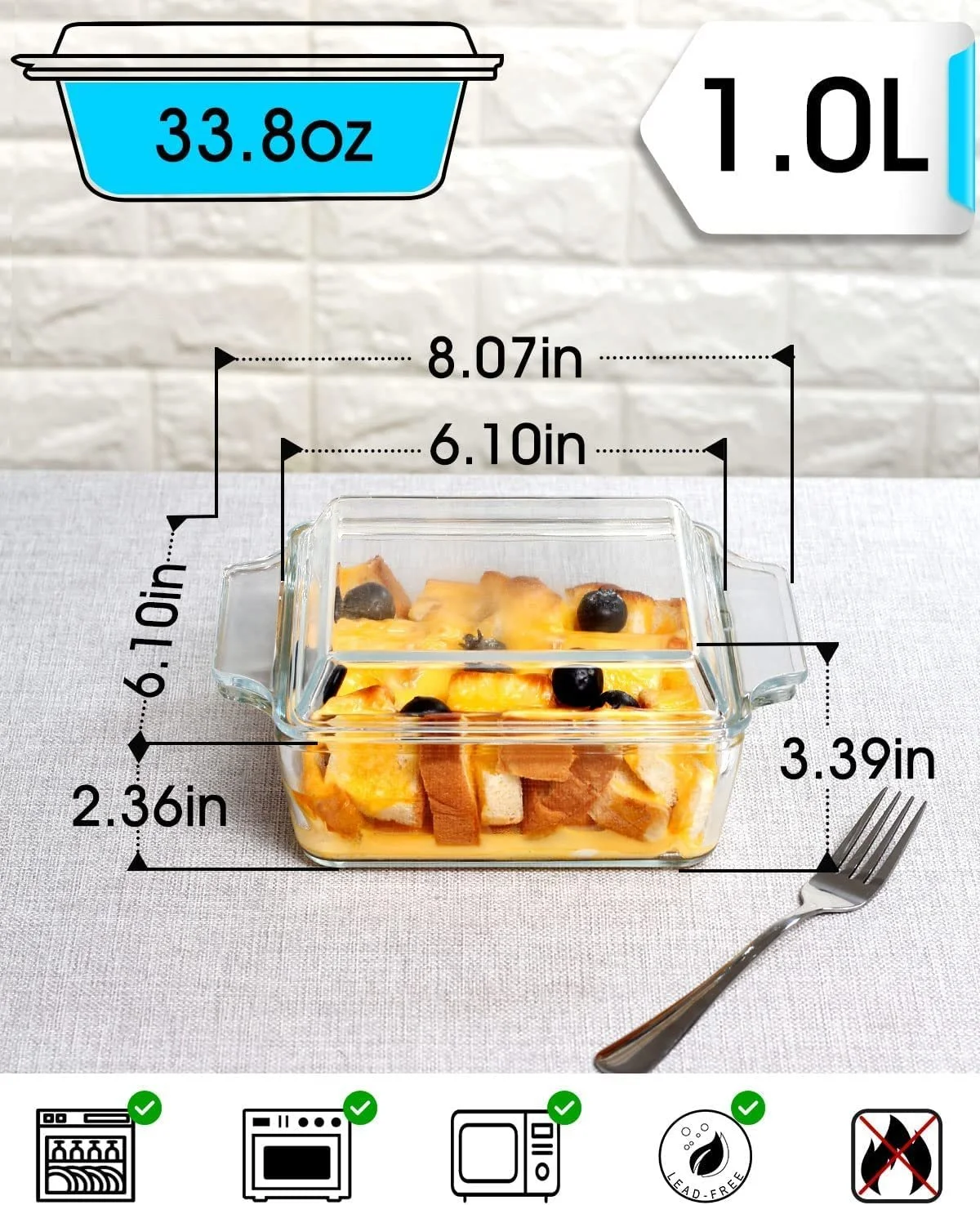 Стеклянная форма для запекания 1 л Квадратная с крышкой Для микроволновой печи и духовки, фото №2