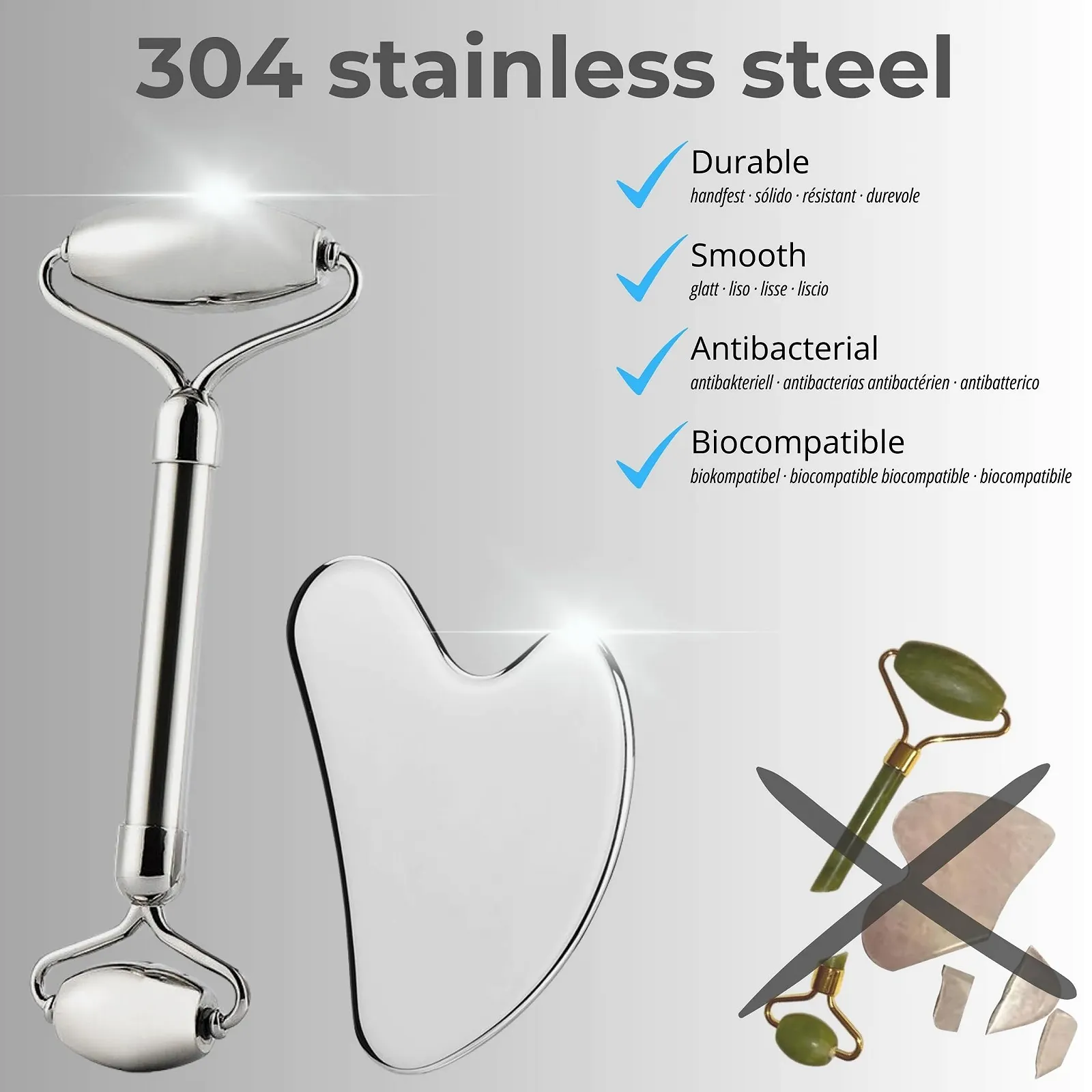 Набір Gua Sha + Масажний ролик для обличчя з нержавіючої сталі 304 і металевий камінь, фото №3