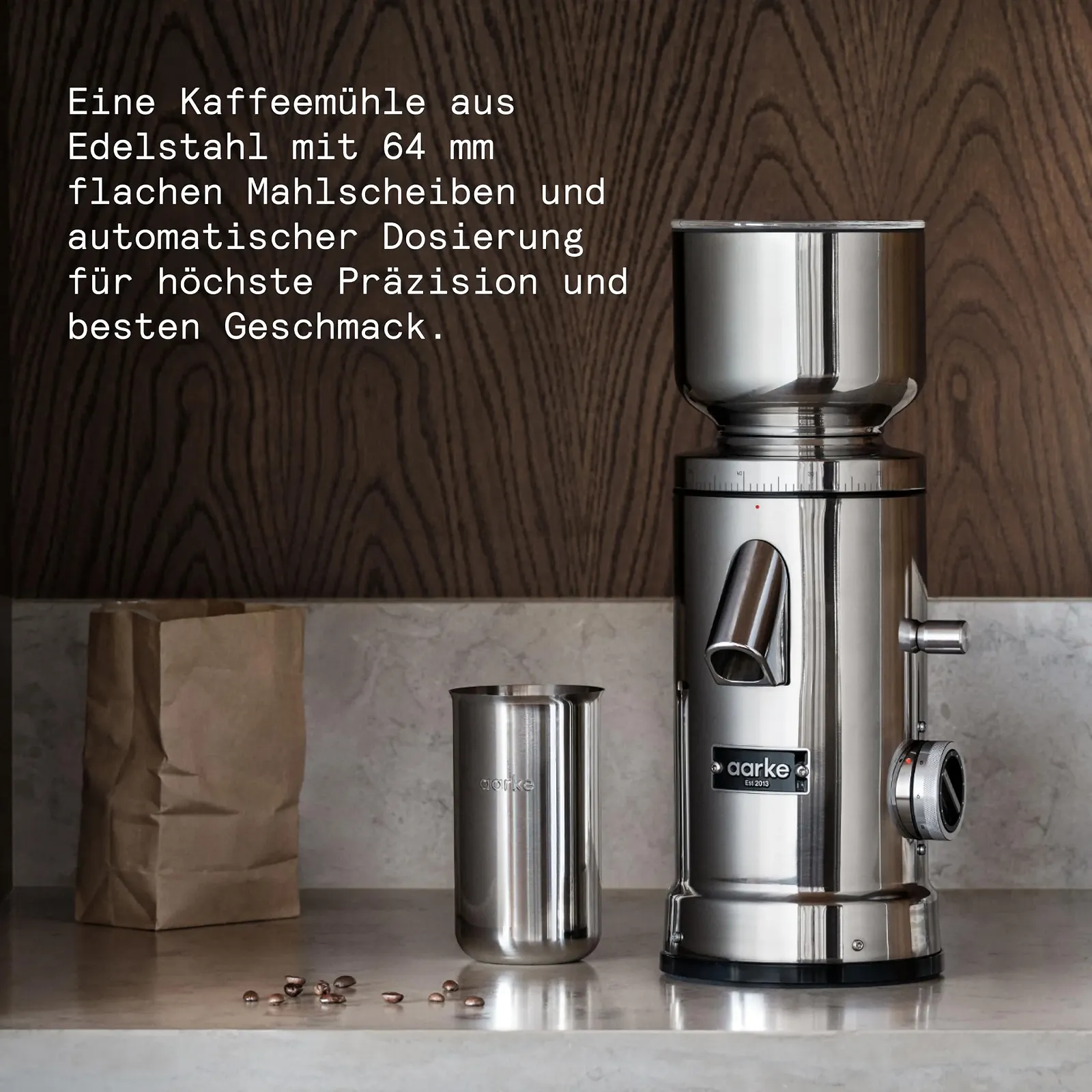 Електрична кавомолка Aarke Сталь з нержавіючої сталі з регульованим ступенем помелу, 64 мм диски, автоматичне дозування та функція пам'яті для еспресо, фільтра та колд брю, фото №3 Електрична кавомолка Aarke Сталь з нержавіючої сталі з регульованим ступенем помелу, 64 мм диски, автоматичне дозування та функція пам'яті для еспресо, фільтра та колд брю, фото №3